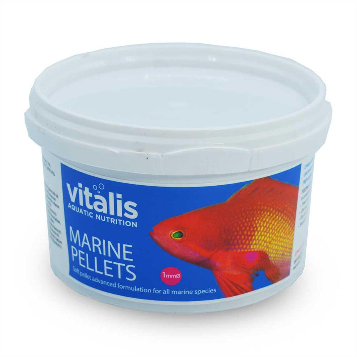 Vitalis Marine Pellets 1mm bottle close-up, highlighting sinking texture for calm feeding.