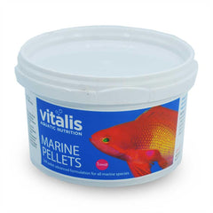Vitalis Marine Pellets 1mm bottle close-up, highlighting sinking texture for calm feeding.