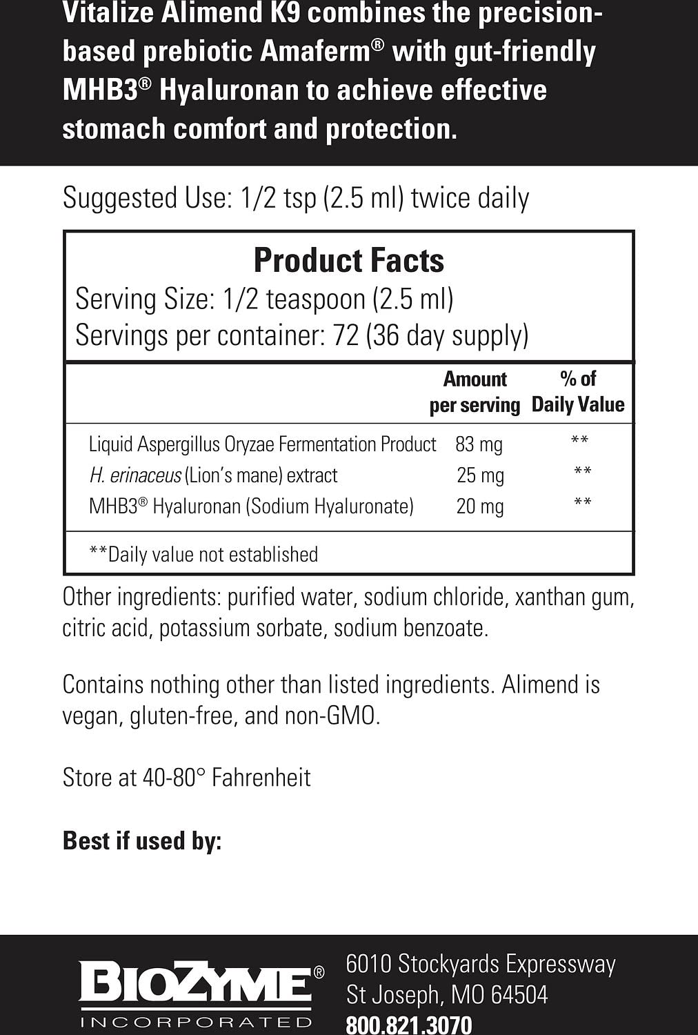 Vitalize Alimend K9 6 oz bottle ready for daily use