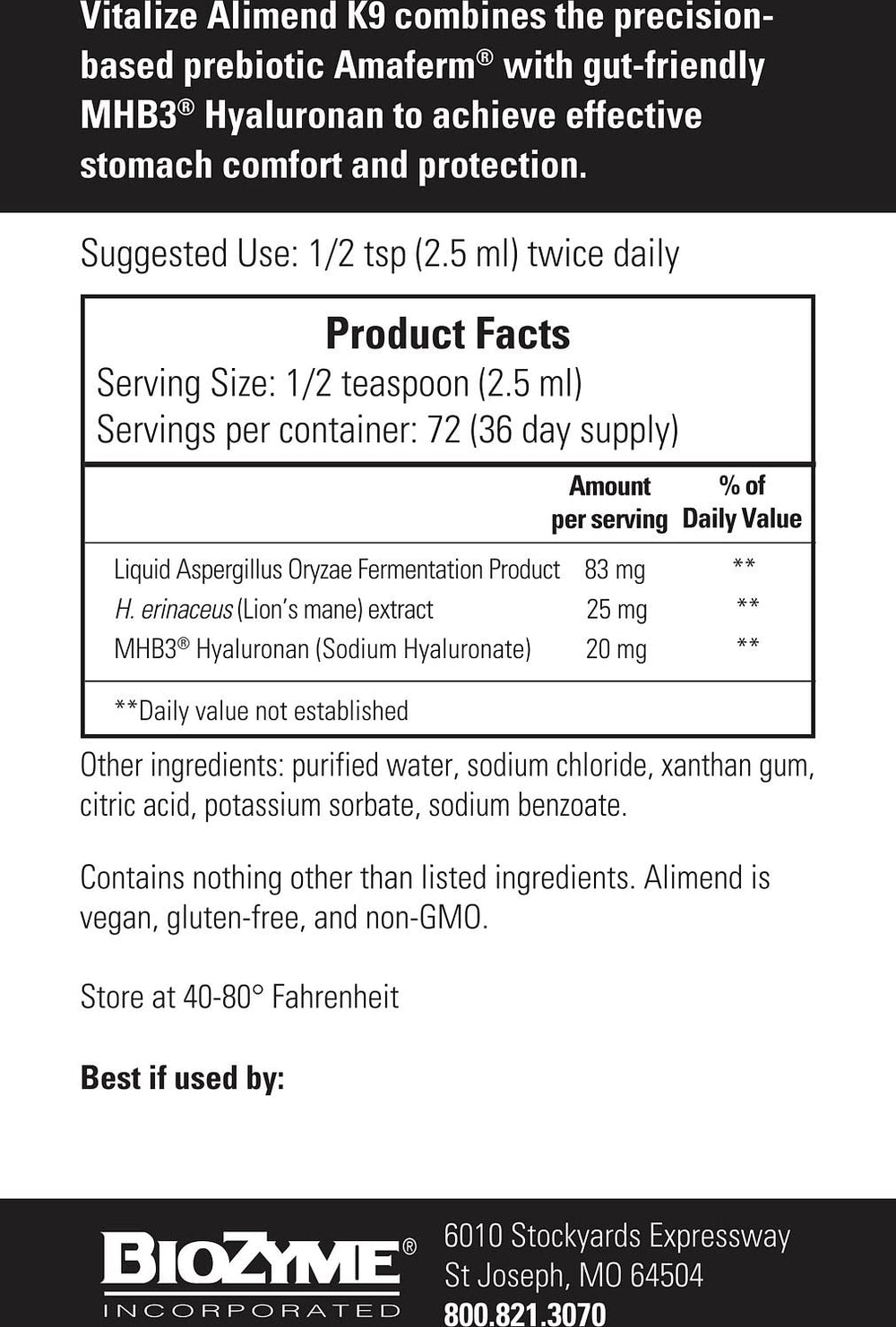 Vitalize Alimend K9 6 oz bottle ready for daily use