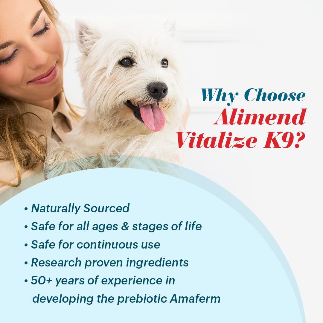 Vitalize Alimend K9 bottle beside dog with improved coat and immunity suggestion