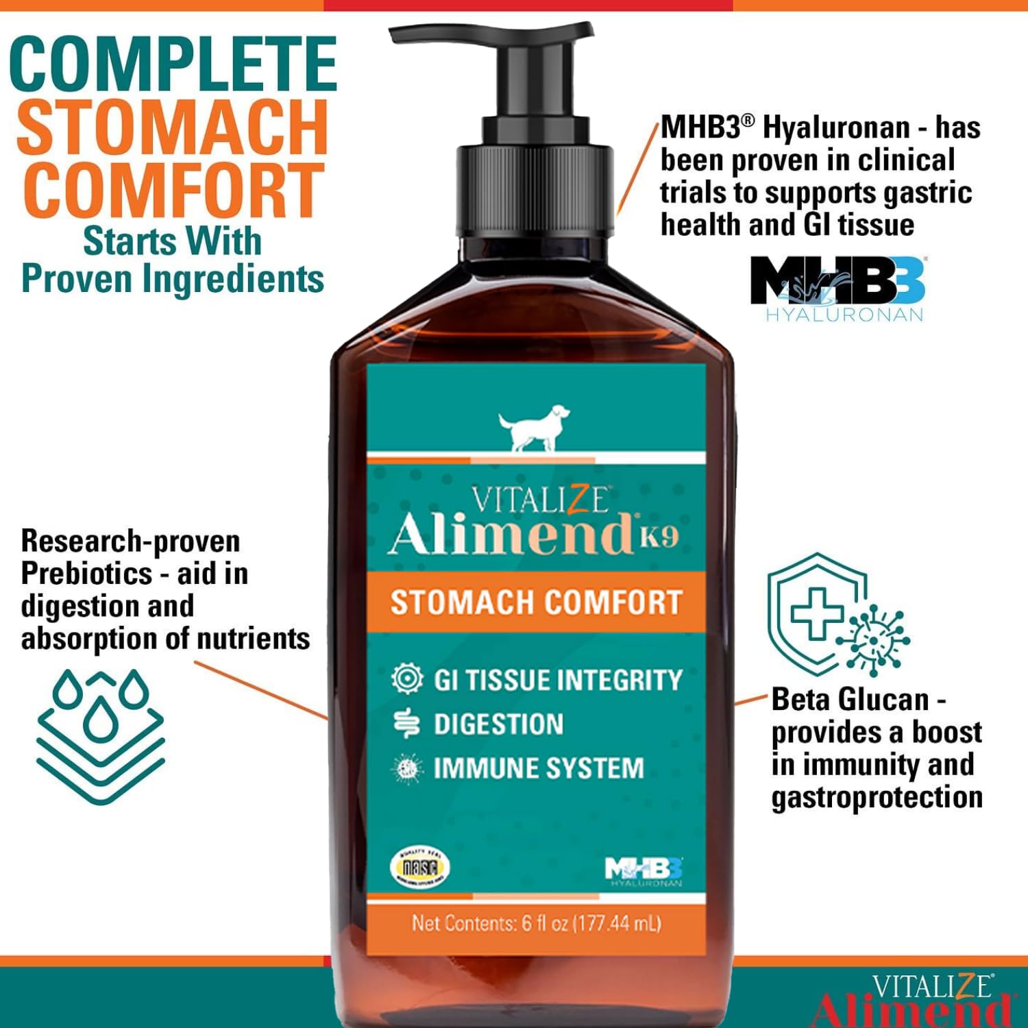 Vitalize Alimend K9 bottle being poured for easy daily dosing and stomach support
