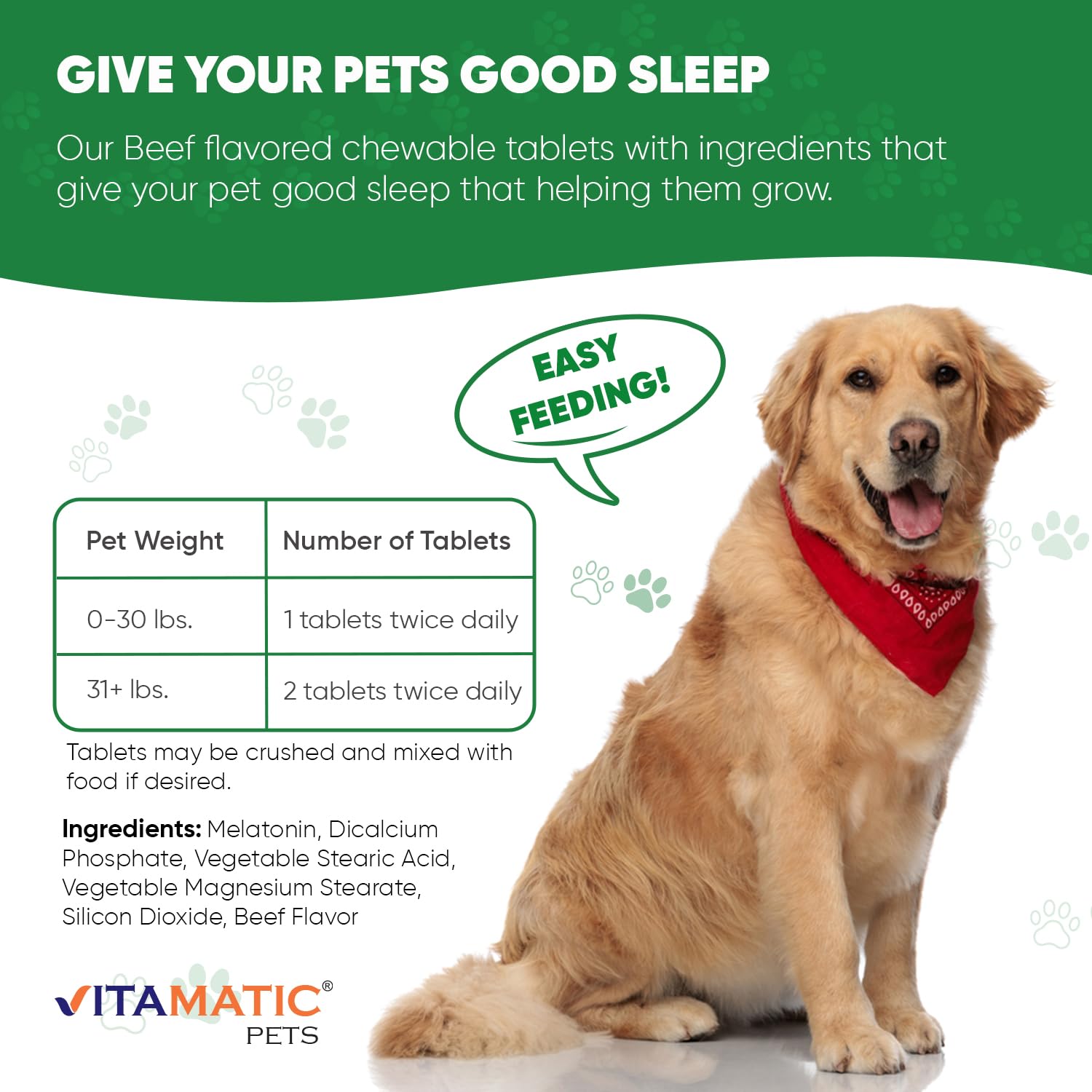 Beef-flavored Vitamatic Melatonin for Dogs chews close-up ready for daily use to ease tension.