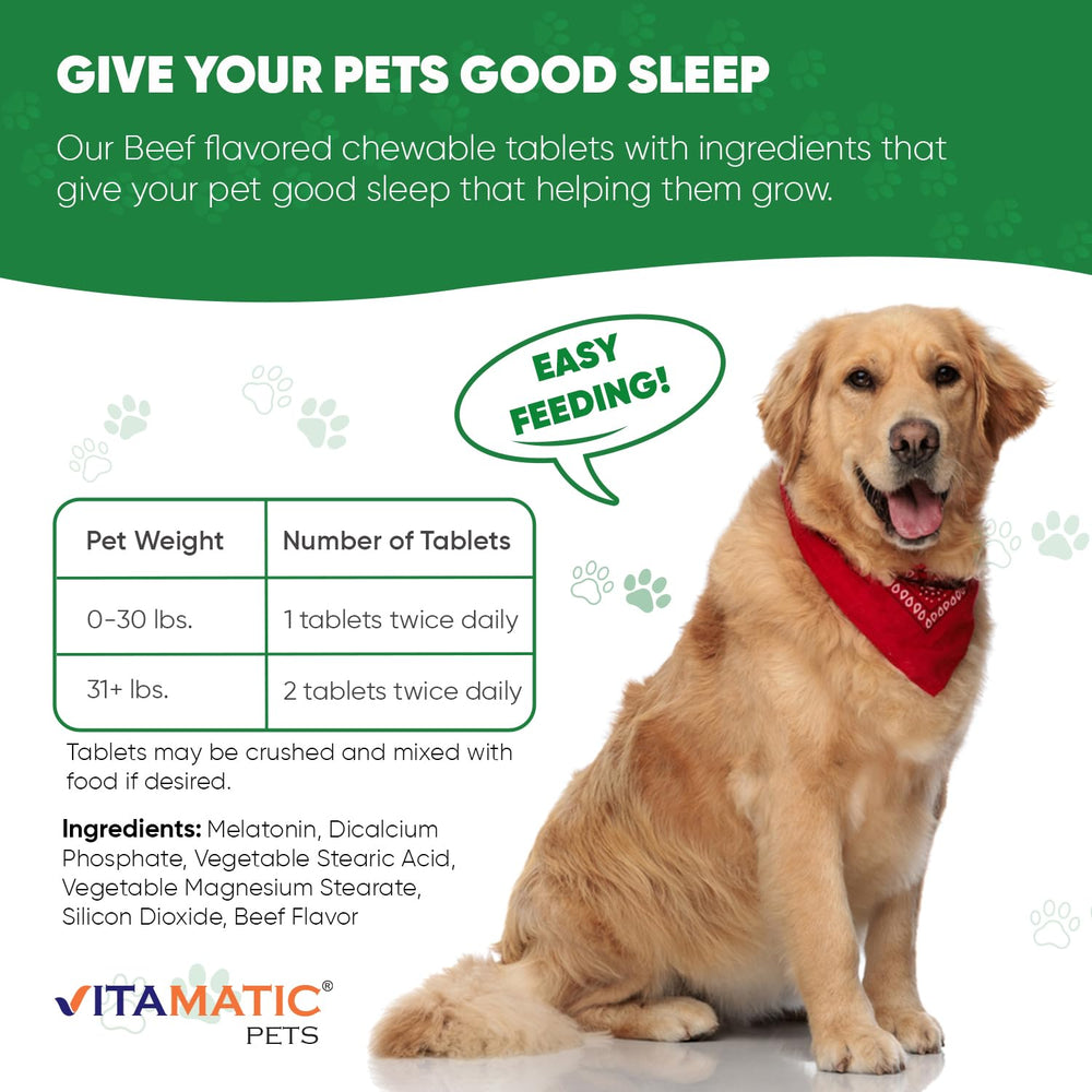 Beef-flavored Vitamatic Melatonin for Dogs chews close-up ready for daily use to ease tension.