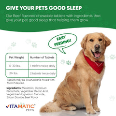 Beef-flavored Vitamatic Melatonin for Dogs chews close-up ready for daily use to ease tension.