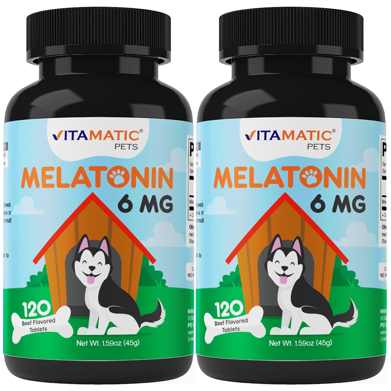 Vitamatic Melatonin for Dogs front label shows beef flavor and 6 mg per chew for calming routines.