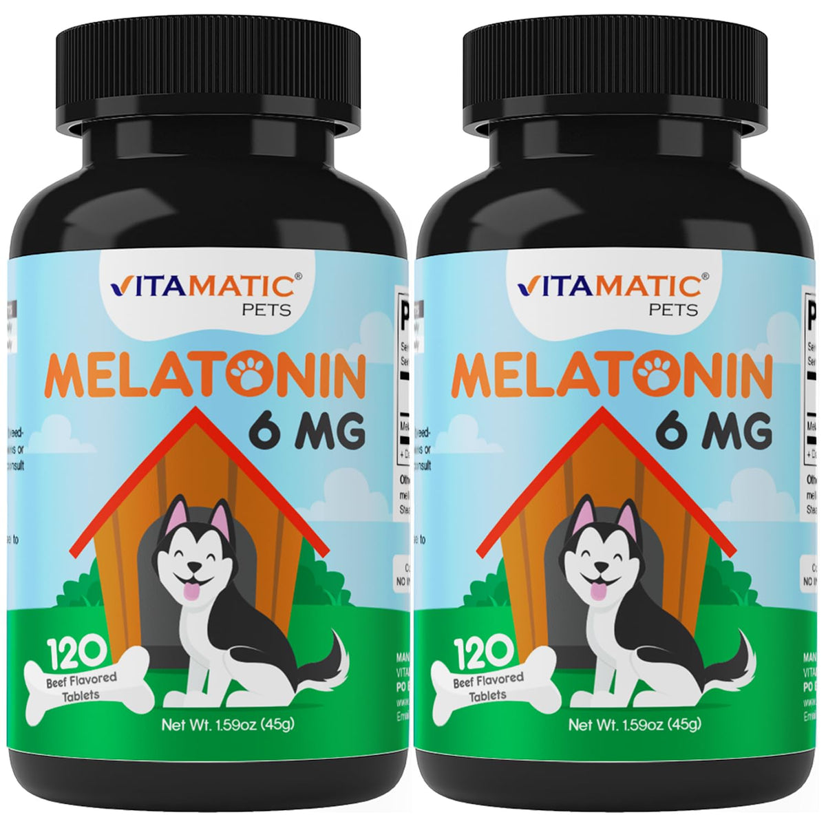Vitamatic Melatonin for Dogs front label shows beef flavor and 6 mg per chew for calming routines.