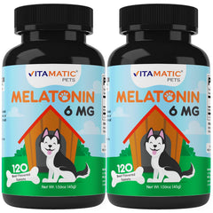Vitamatic Melatonin for Dogs front label shows beef flavor and 6 mg per chew for calming routines.
