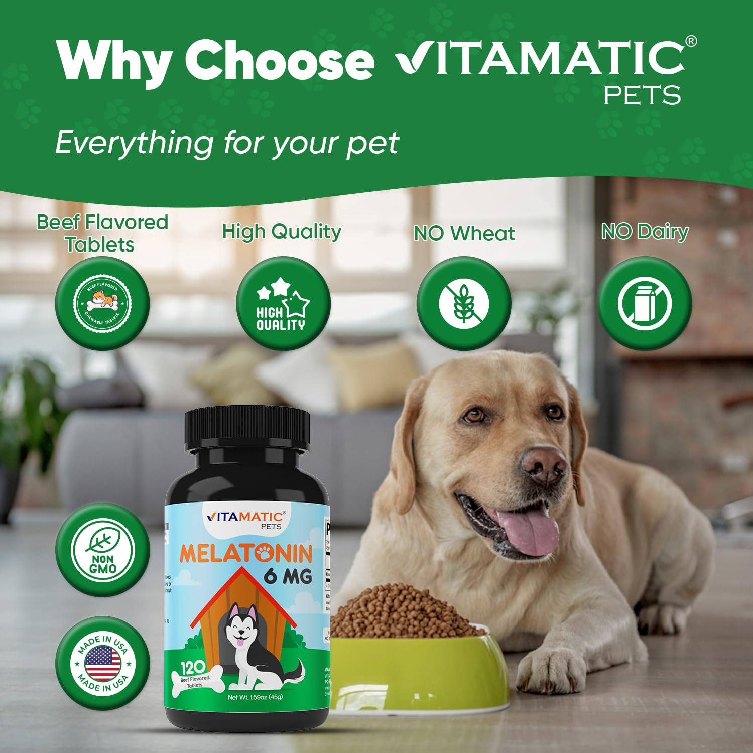 Open bottle of Vitamatic Melatonin for Dogs with chews visible for quick soothing moments.