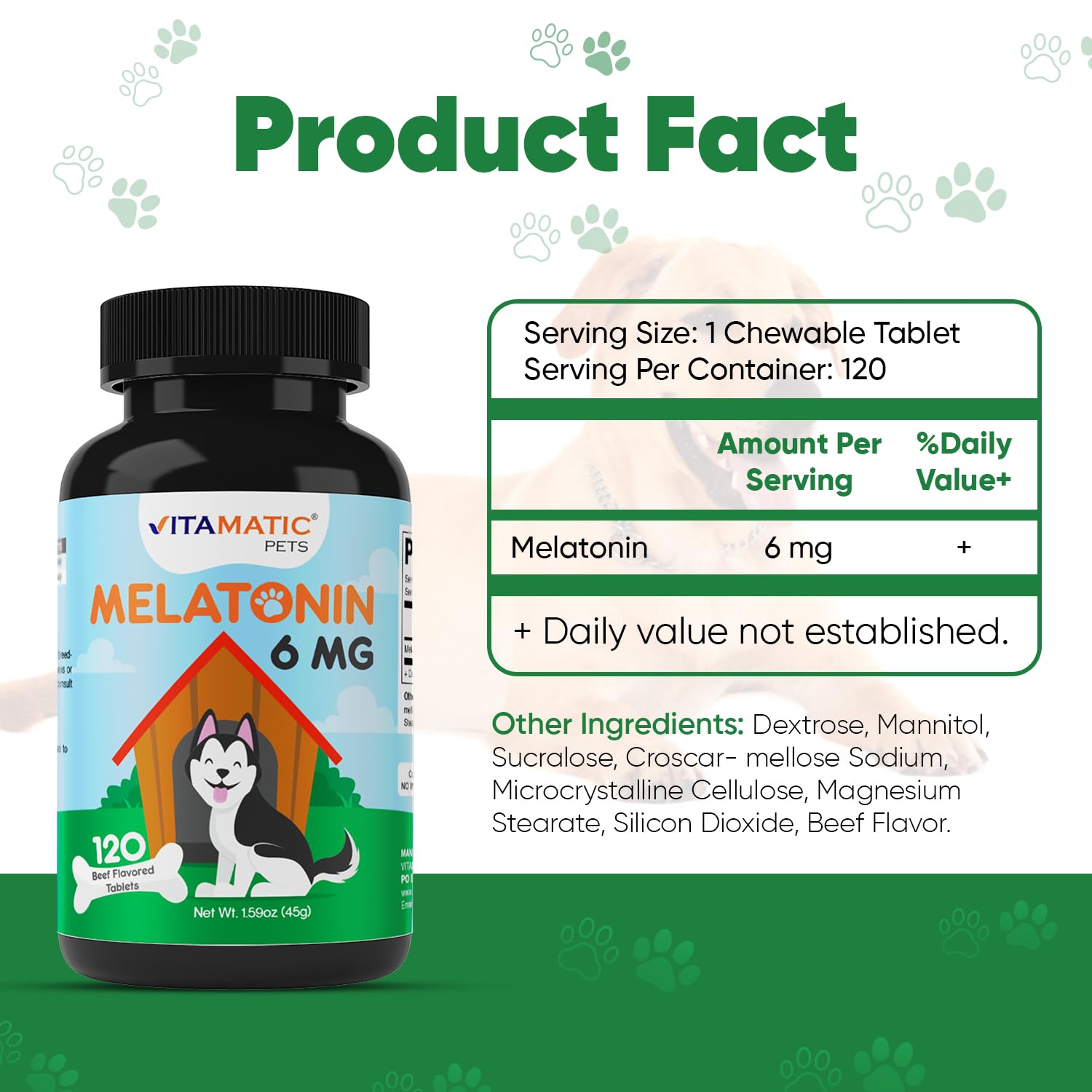 Two-bottle Vitamatic Melatonin for Dogs pack on display supports convenient dosing for calmer evenings.