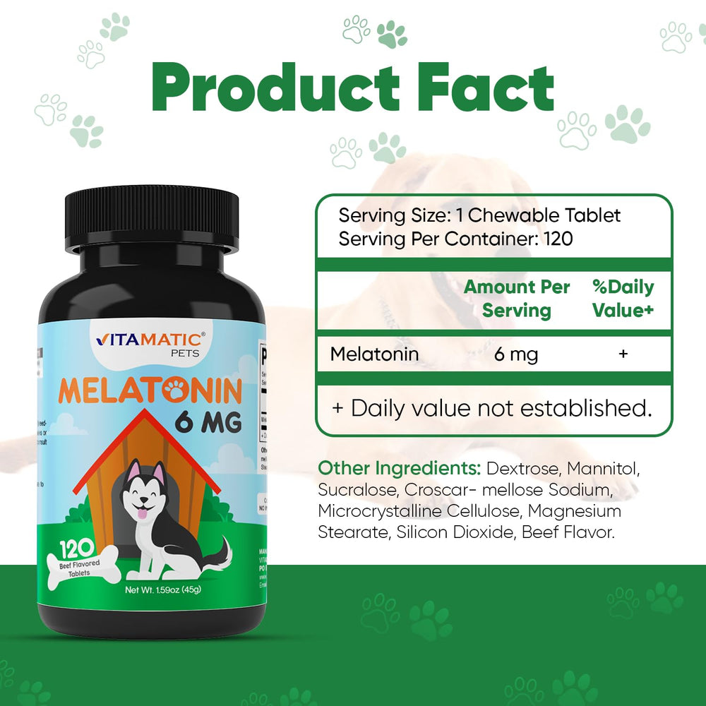Two-bottle Vitamatic Melatonin for Dogs pack on display supports convenient dosing for calmer evenings.