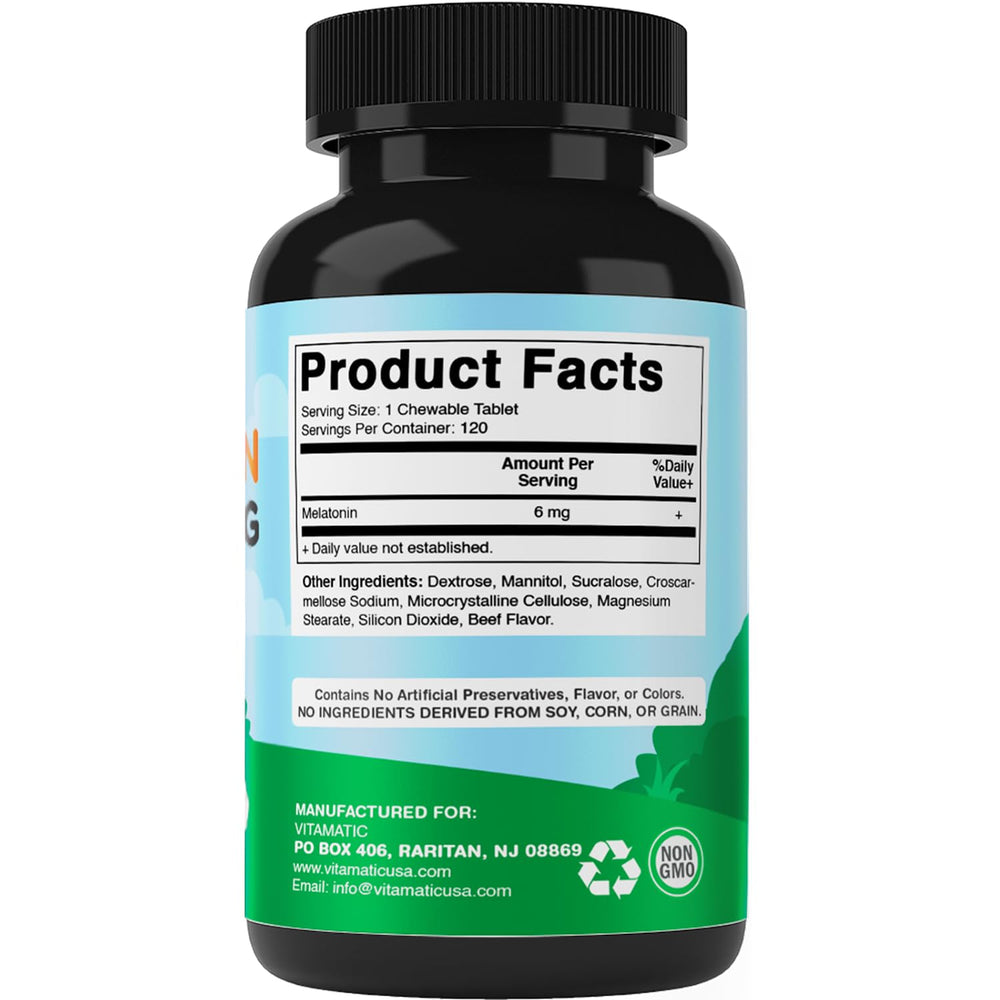 Vitamatic Melatonin for Dogs produced in USA at GMP-compliant, FDA-registered facility for trusted quality.