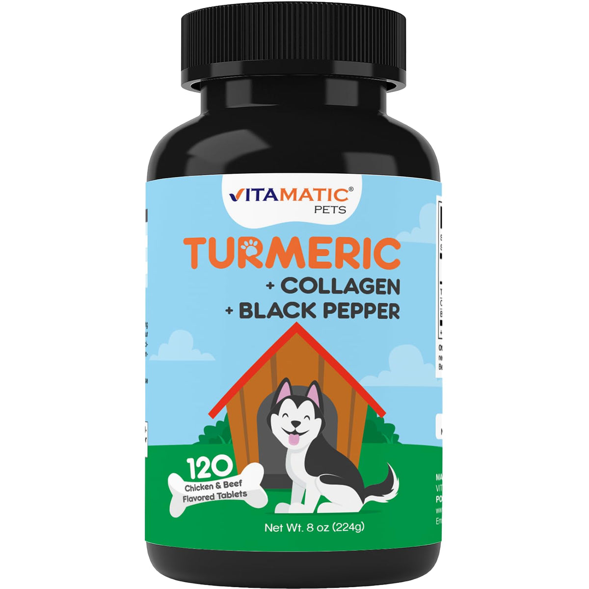 Vitamatic Turmeric for Dogs bottle front showing palatable joint-support chews
