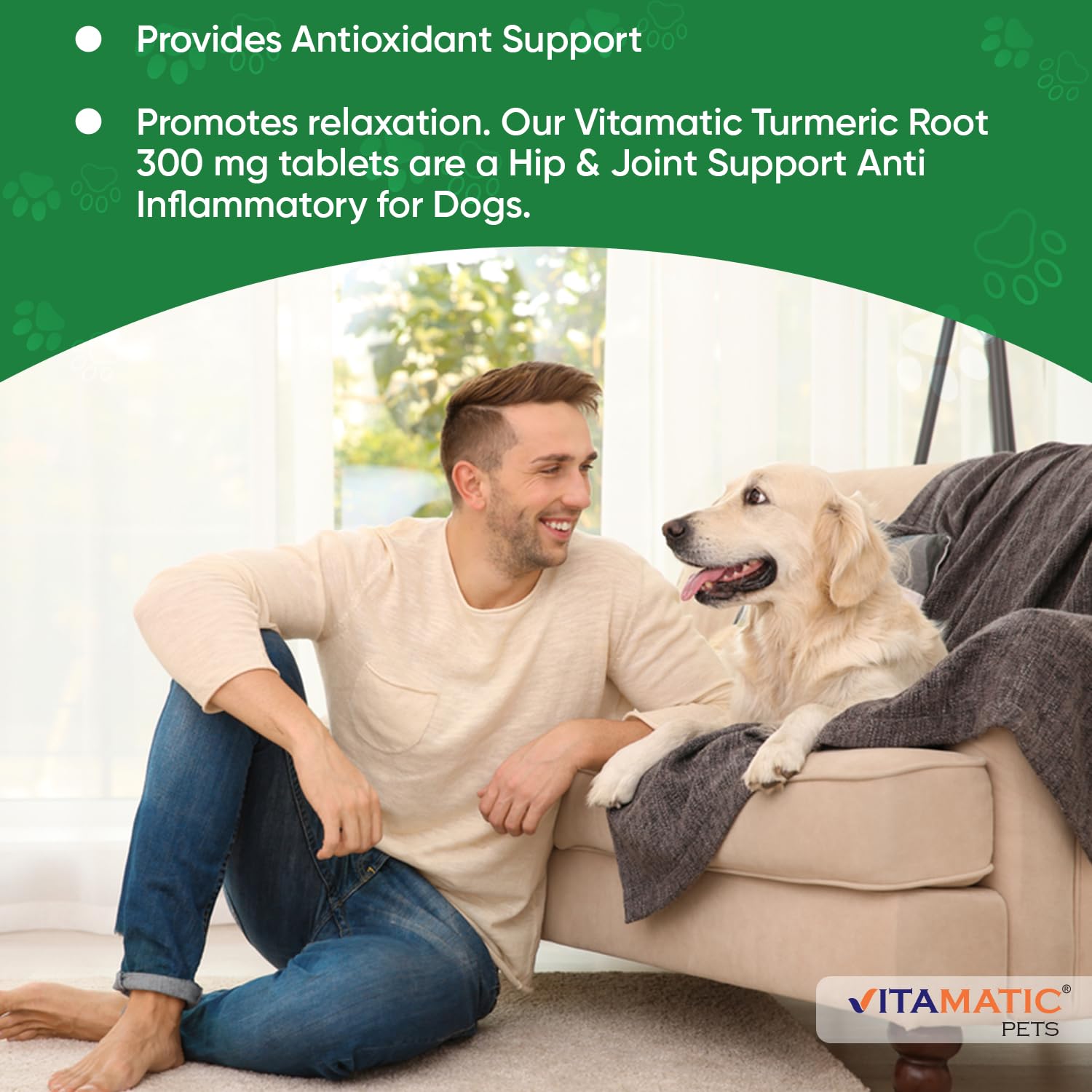 Vitamatic Turmeric for Dogs label closeup highlighting USA-made facility