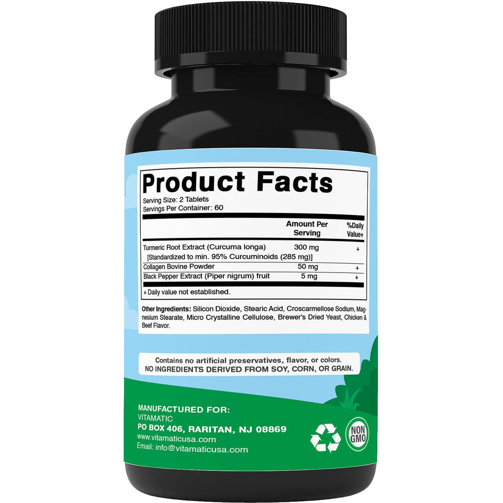 Vitamatic Turmeric for Dogs bottle in kitchen scene emphasizes daily care
