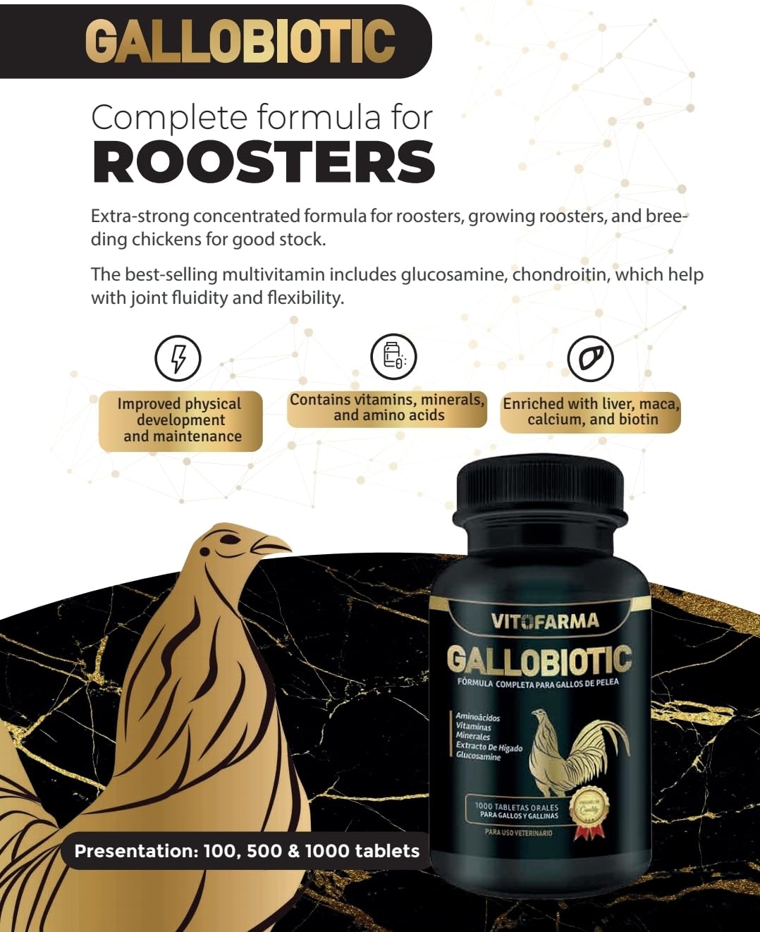 Close-up of Gallobiotic tablets highlighting vitamins, minerals, and amino acids