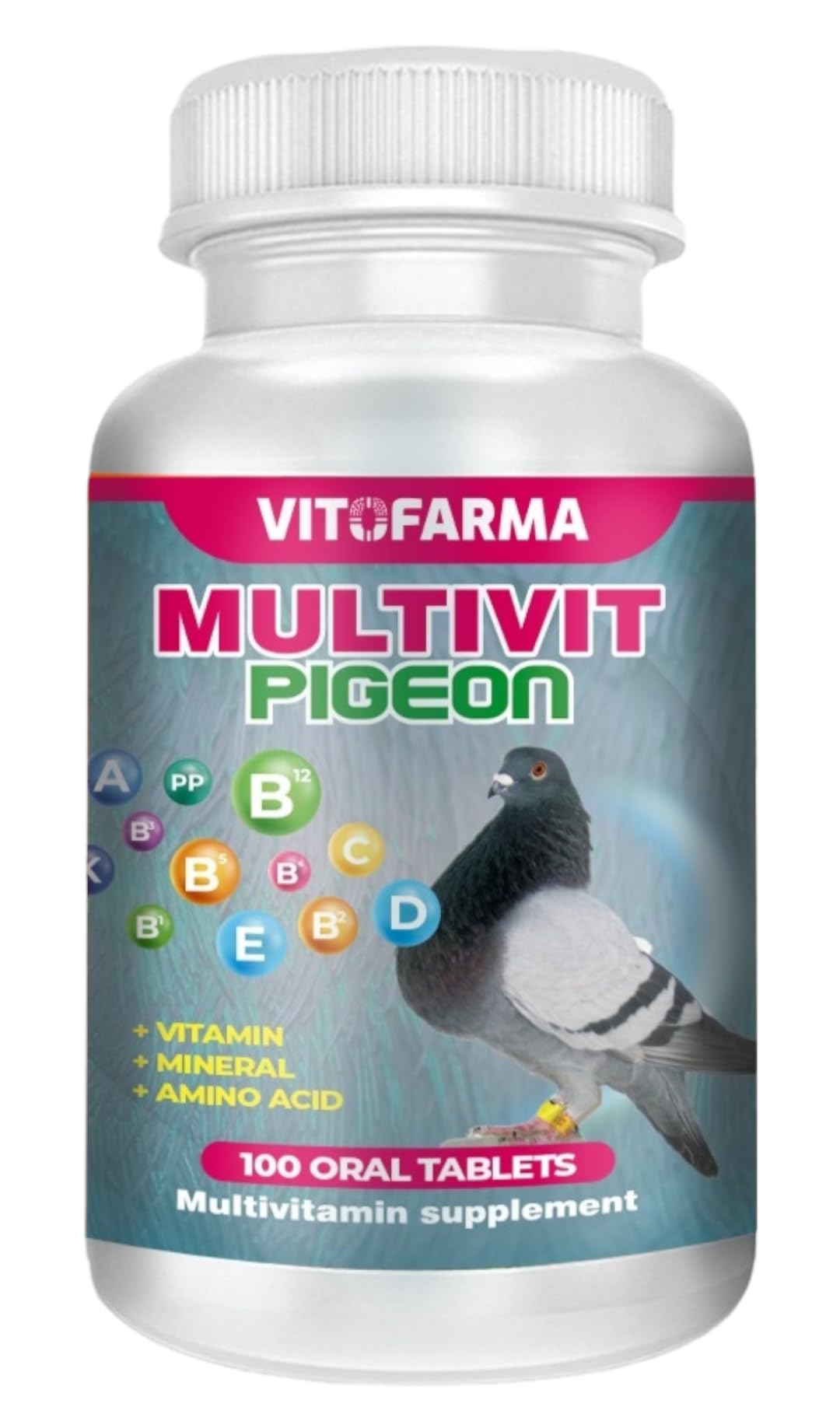 VITOFARMA Multivit Pigeon tablets closeup showing essential vitamins for racing pigeons.