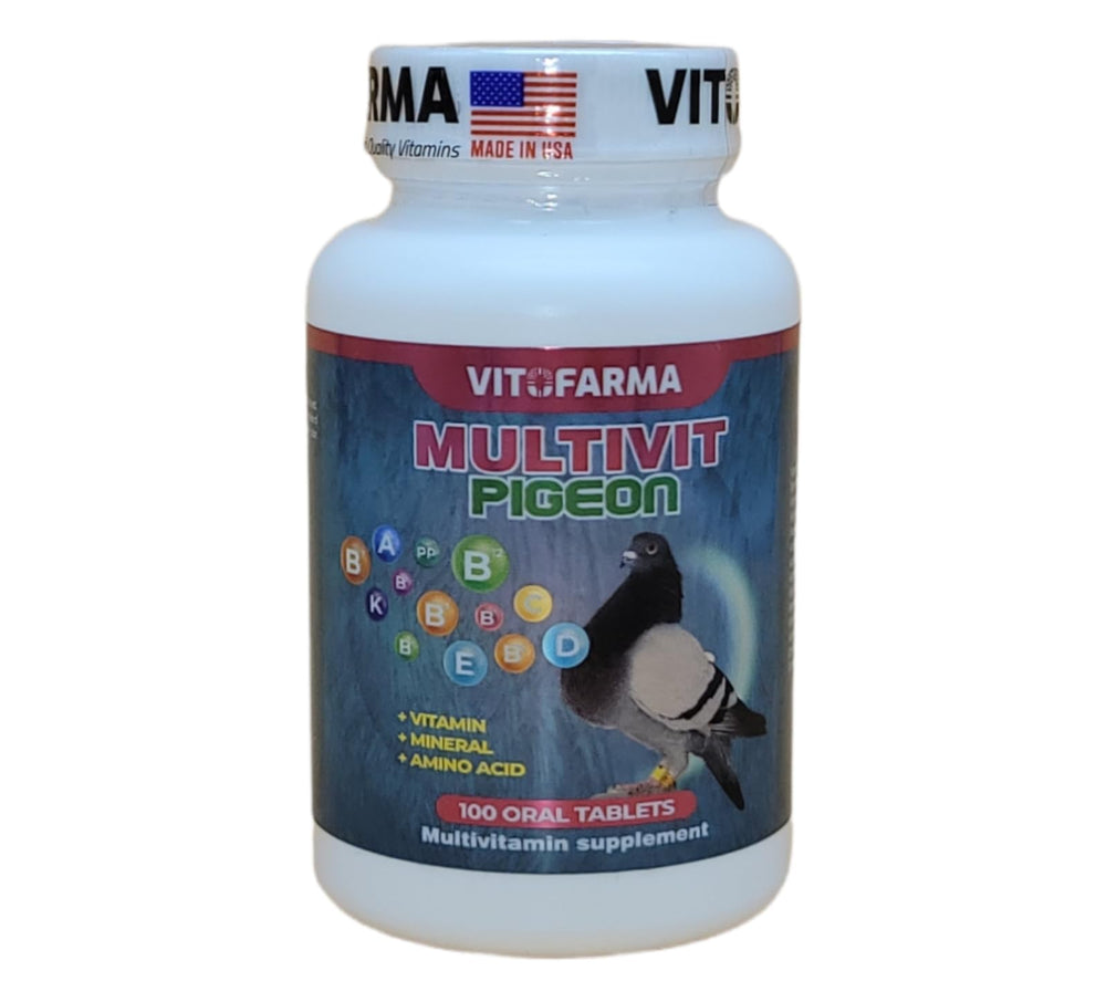 VITOFARMA Multivit Pigeon racing birds with healthy plumage and support.