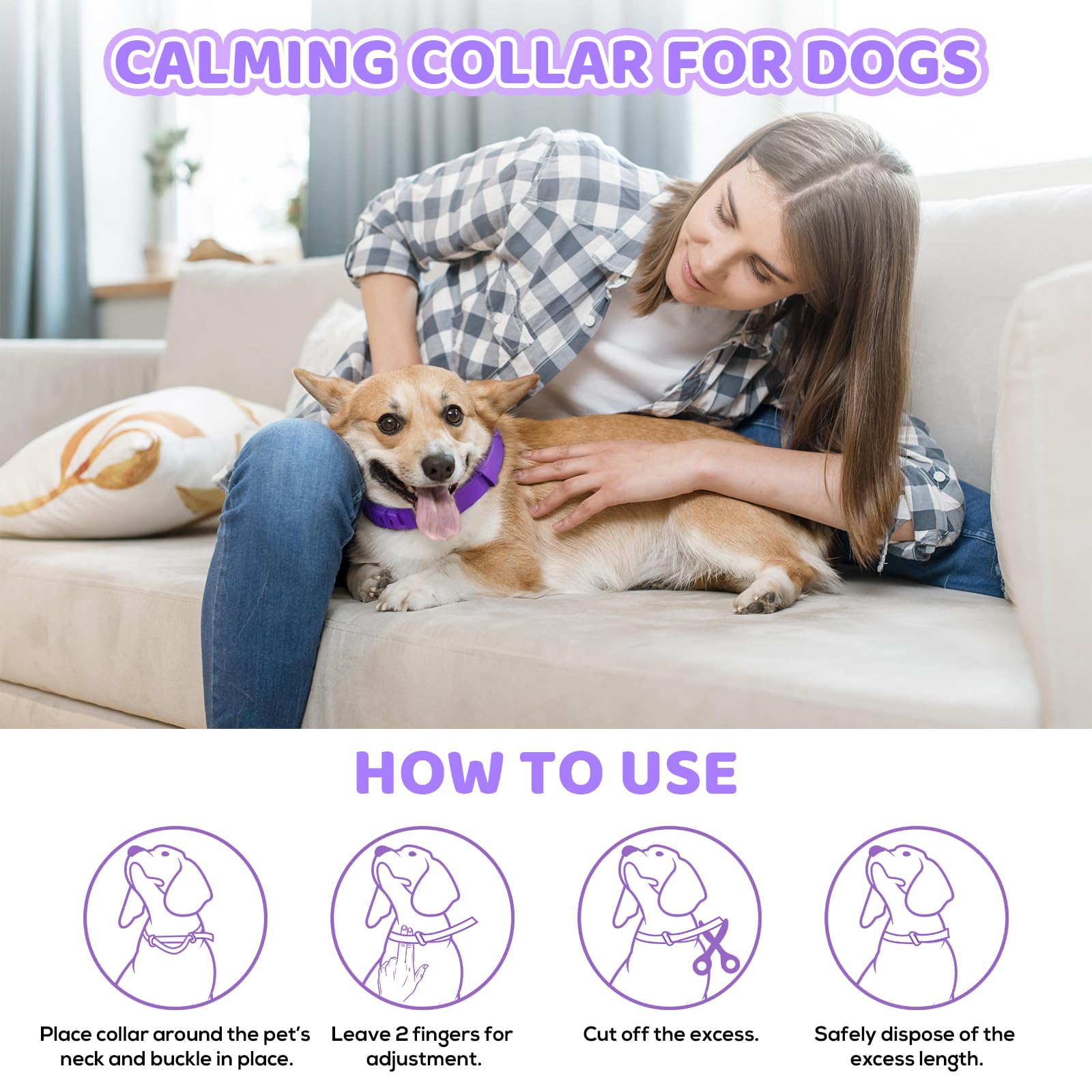 VivaciousVision Calming Collar trimmed to fit small, medium, or large dogs.