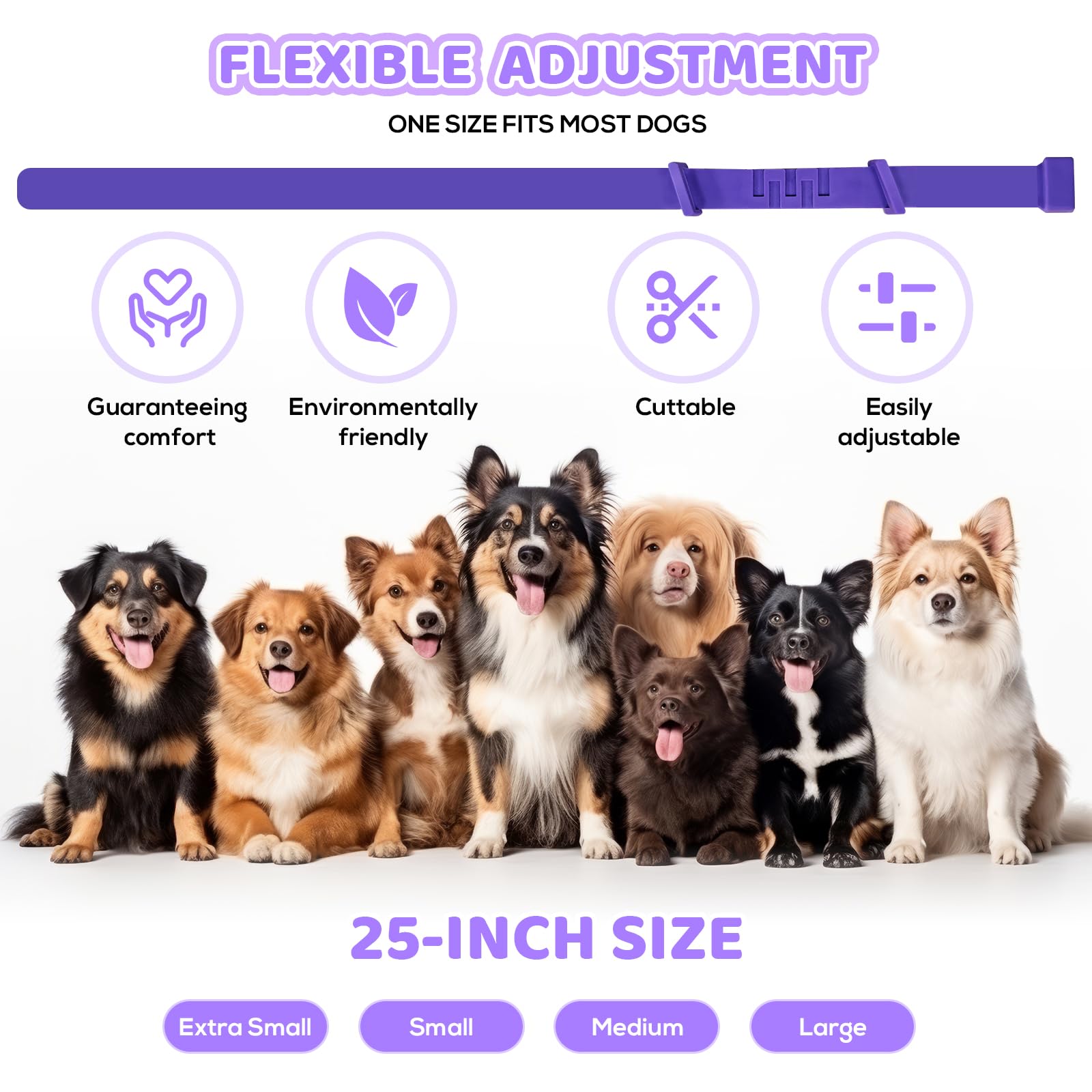 VivaciousVision Calming Collar shown on varied breeds for versatile sizing.