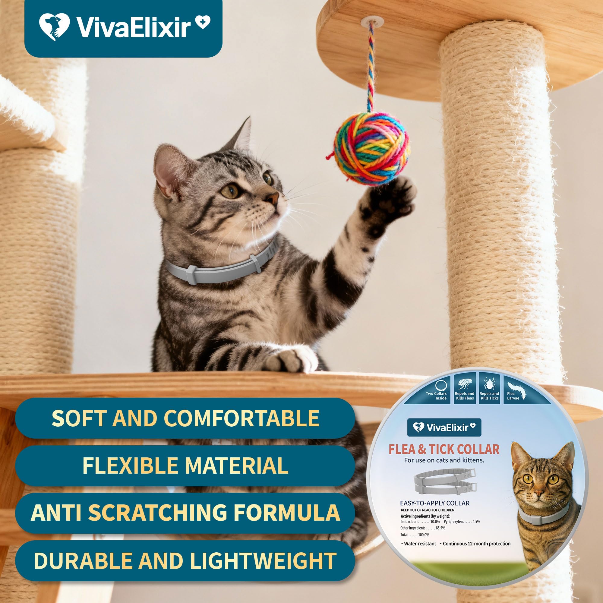 VivaElixir cat collar shown on a cat to illustrate wearability.