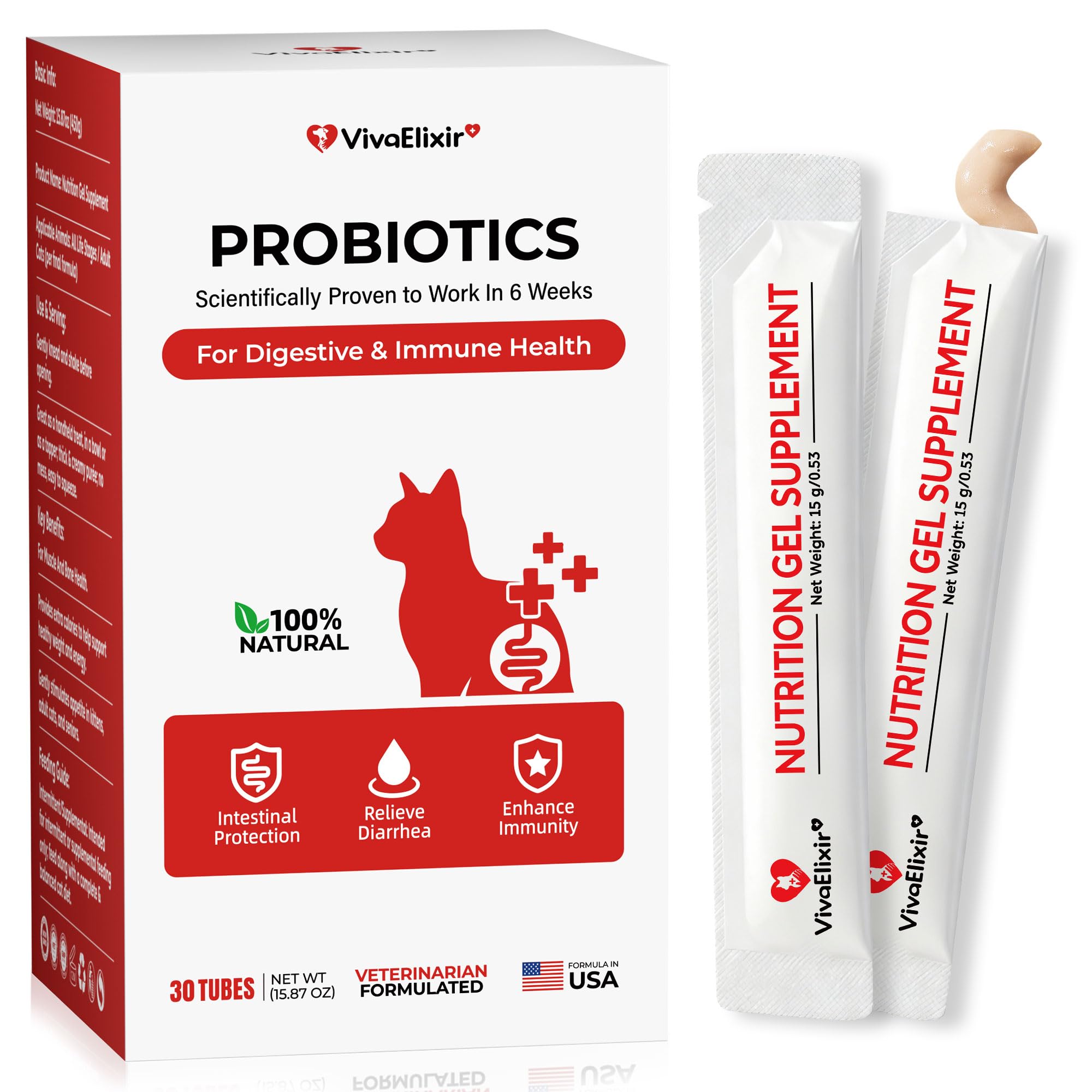 VivaElixir cat probiotic gel bottle for easy daily digestive support