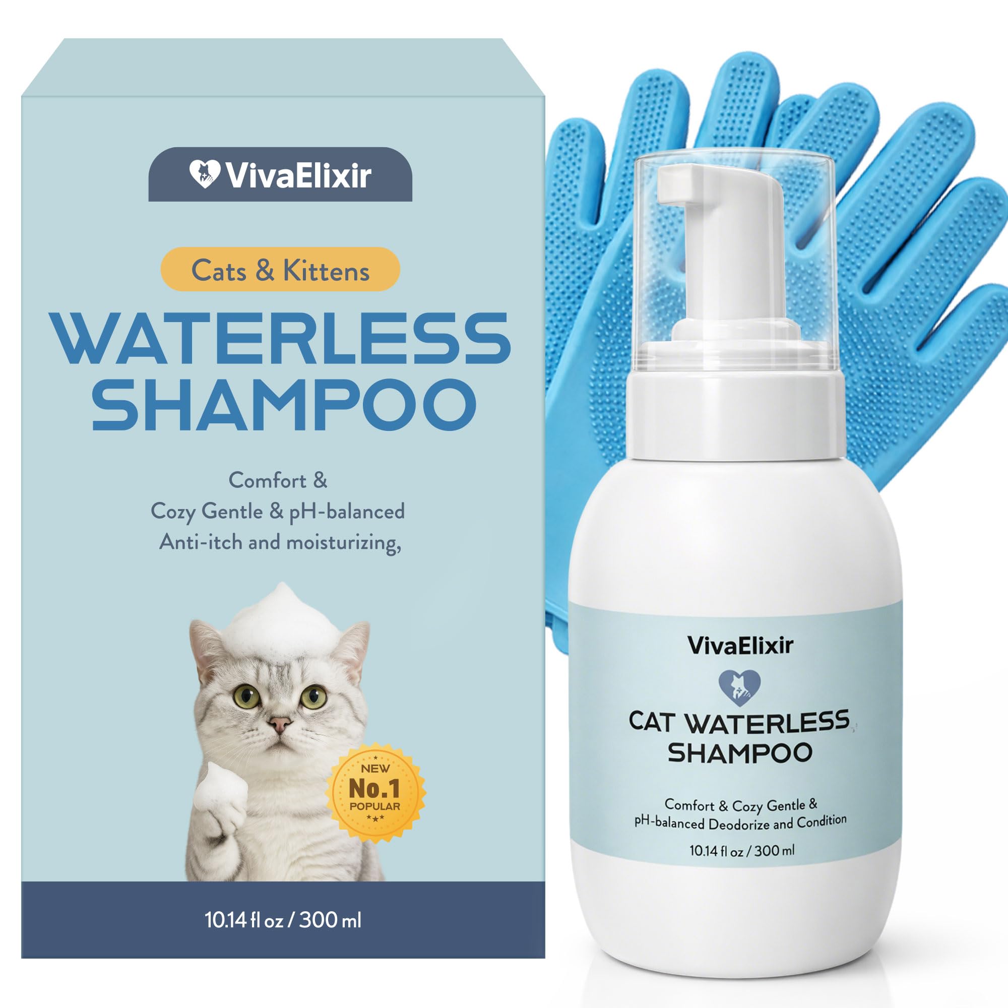 VivaElixir cat shampoo with glove application for quick, mess-free grooming.
