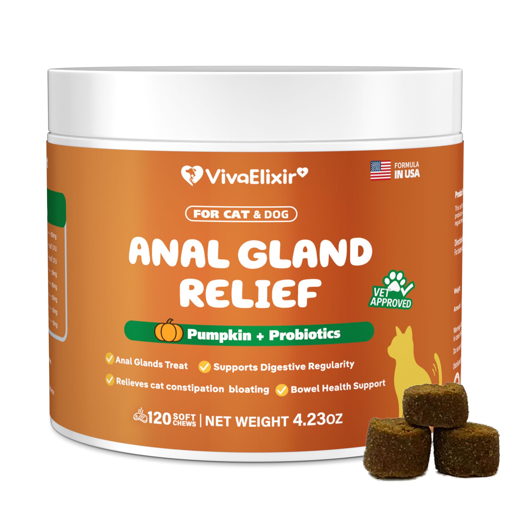 VivaElixir constipated cat pumpkin-probiotic soft chews support gentle digestion.