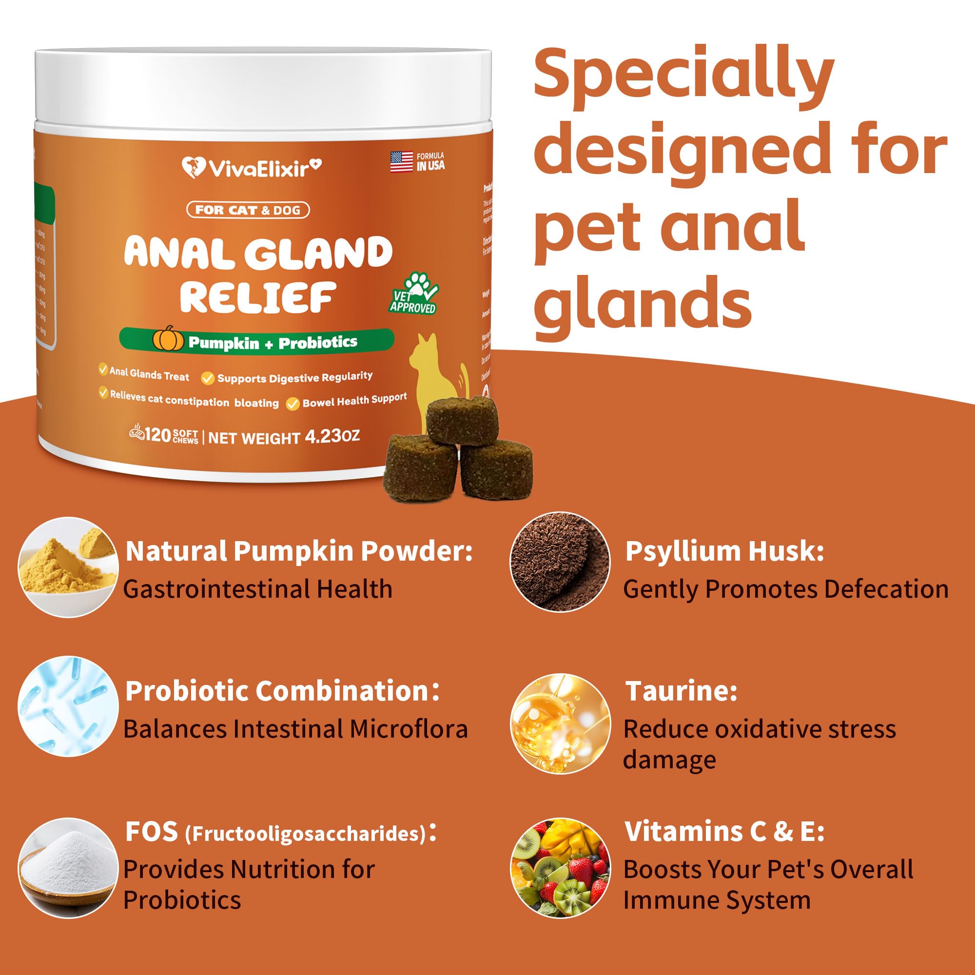 VivaElixir digestive-health-ingredients chews highlight taurine and prebiotic support.