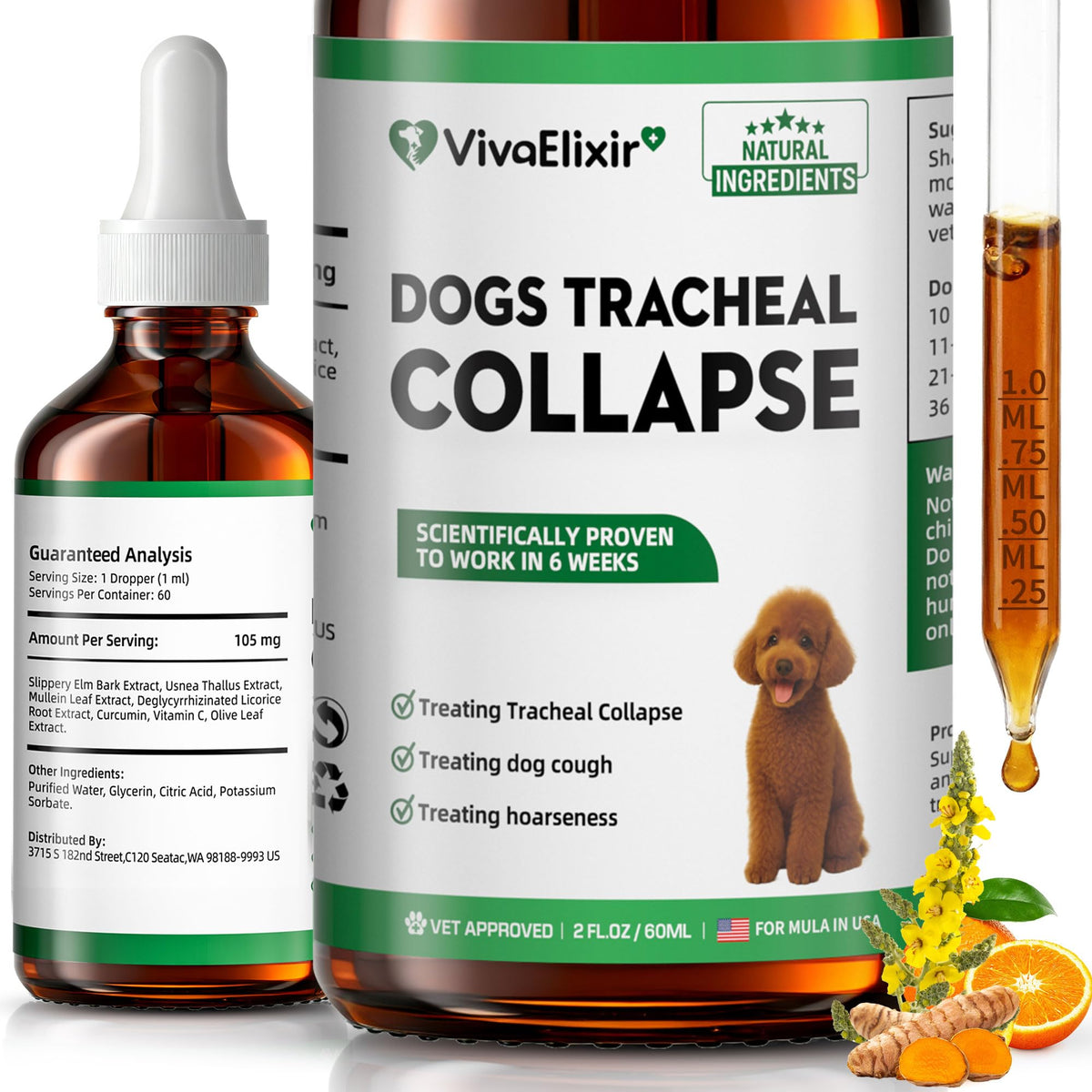 VivaElixir Dog Cough Liquid bottle pour facilitates precise dosing for fast throat relief.