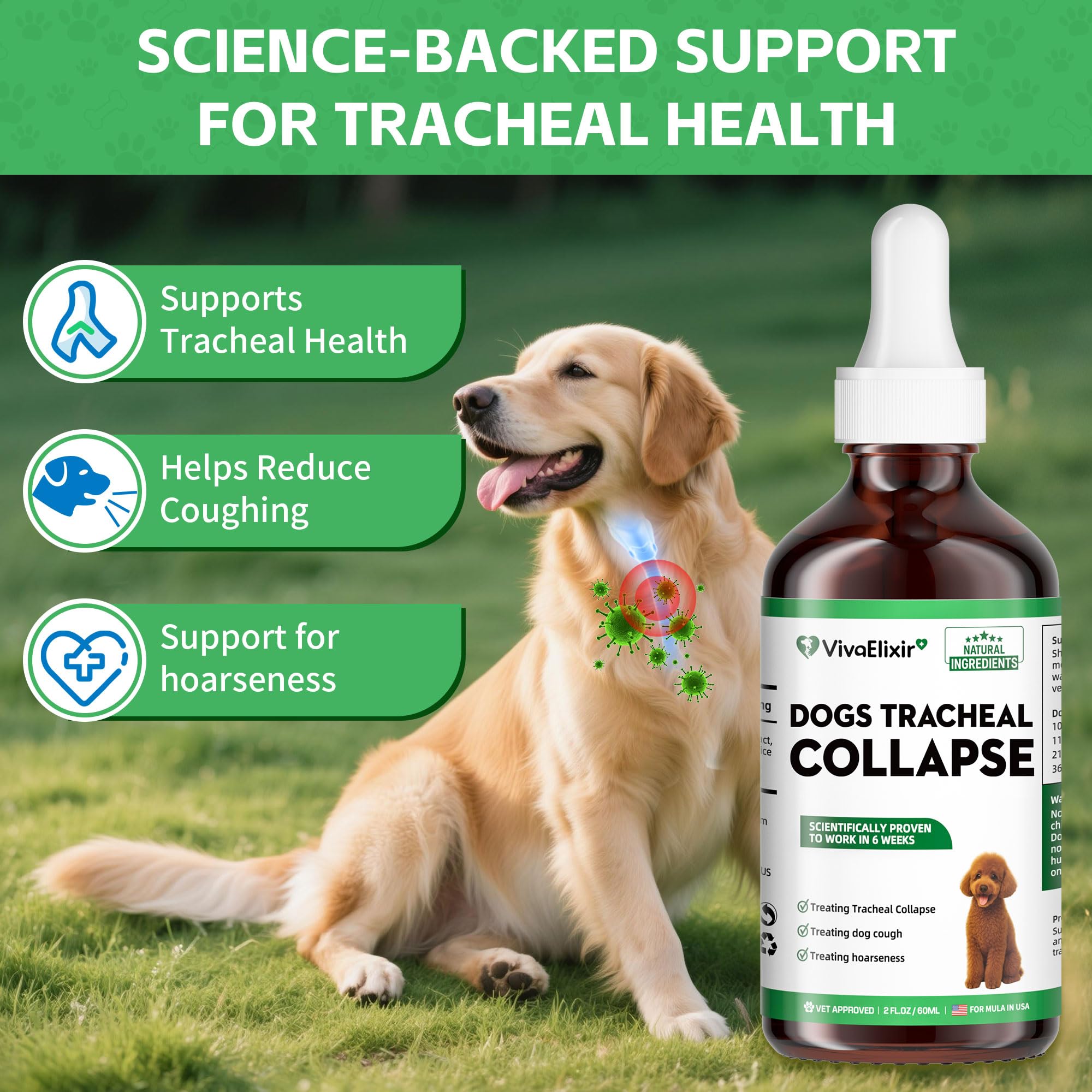 VivaElixir Dog Cough Liquid label showcases clean USA-made formula for respiratory support.