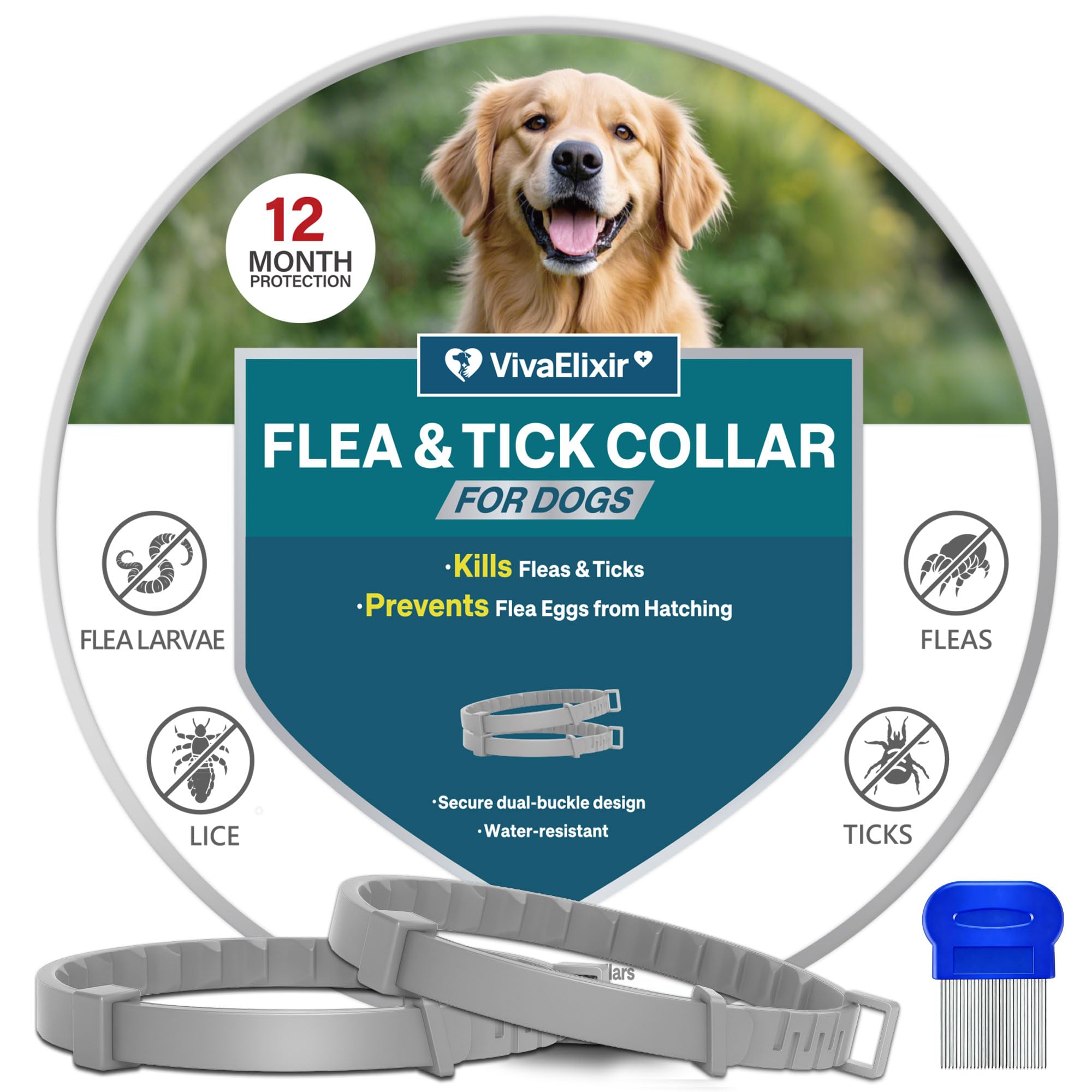 VivaElixir flea collar for dogs—front view with smooth fit and ongoing protection