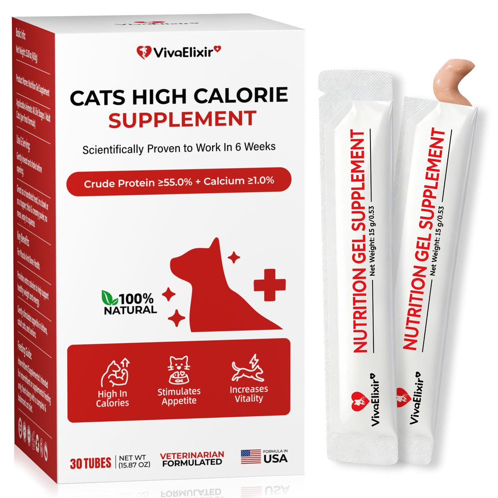 VivaElixir high-calorie cat paste bars shown as servings to support appetite and weight gain.