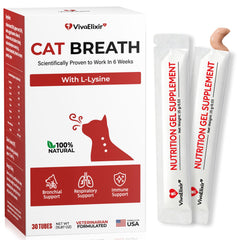VivaElixir Lysine for Cats packaging demonstrates simple daily dosing for respiratory support.