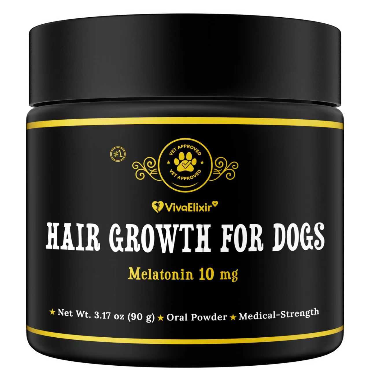 VivaElixir Melatonin for Dogs bottle label highlights calm nights and hair growth support.