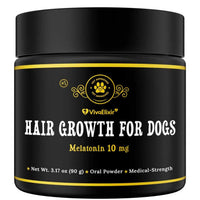 VivaElixir Melatonin for Dogs bottle label highlights calm nights and hair growth support.