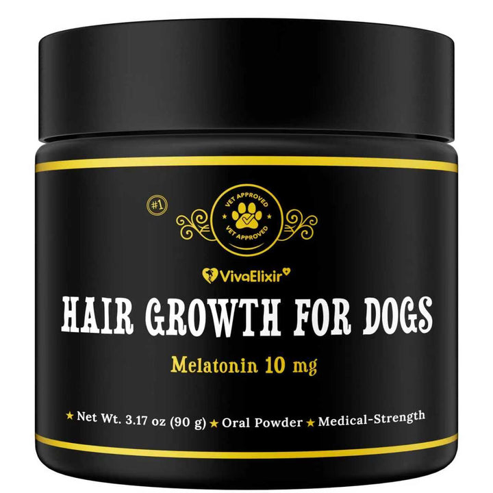 VivaElixir Melatonin for Dogs bottle label highlights calm nights and hair growth support.