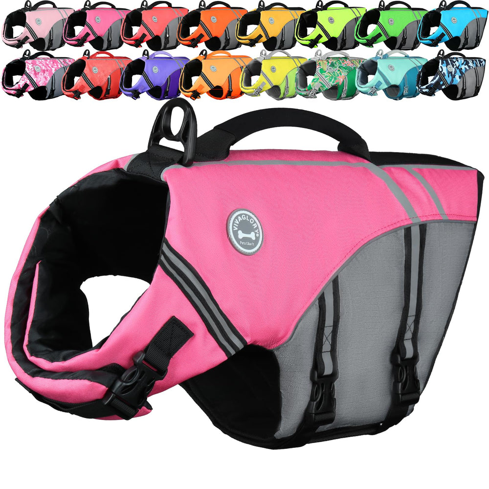 VIVAGLORY pink front view of sports style dog life jacket with secure buckle and flotation