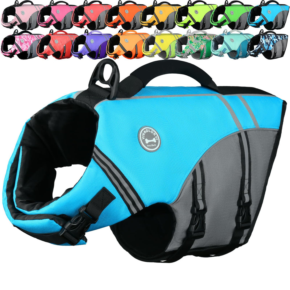 VIVAGLORY sports-style dog life vest front view supports comfortable swimming and quick rescue.