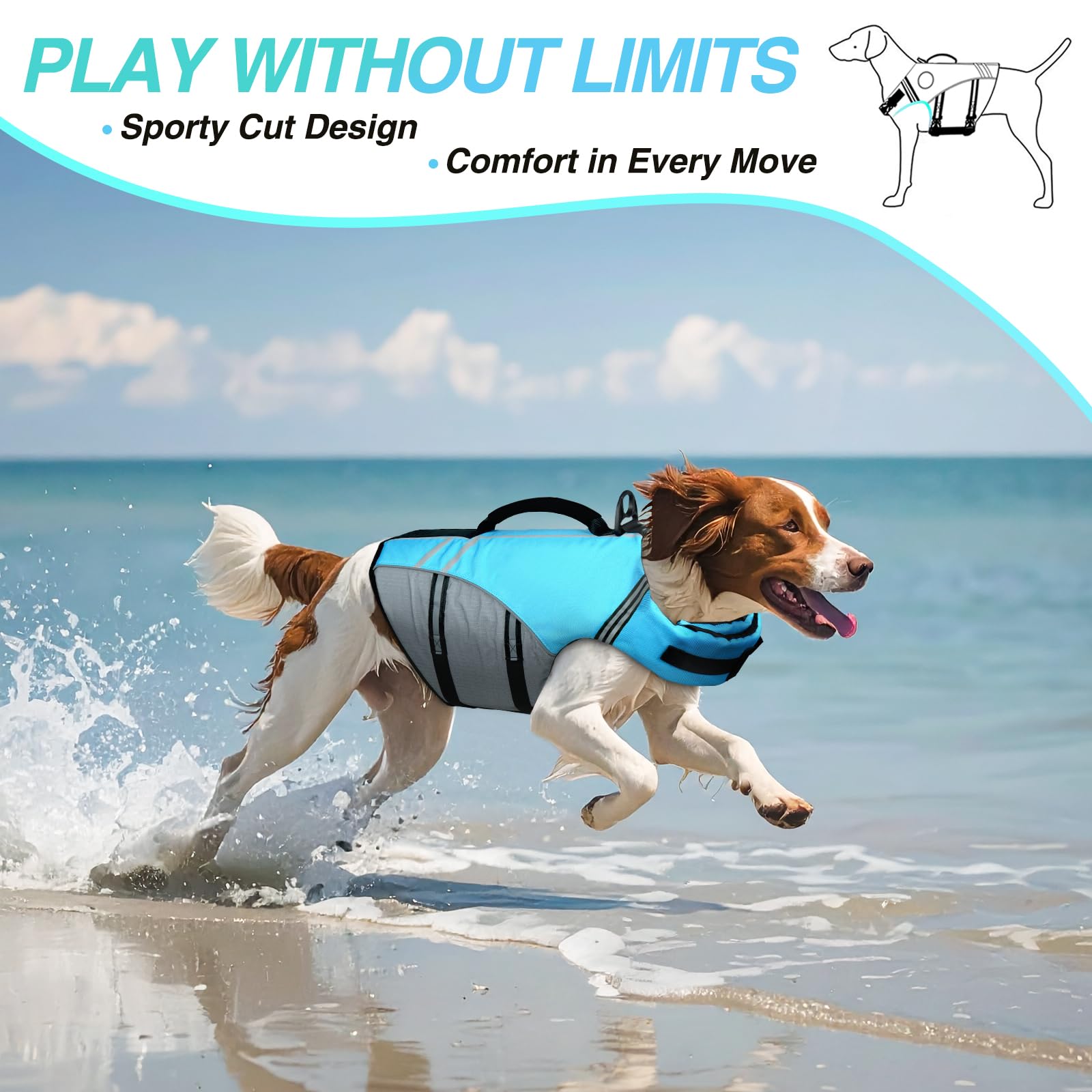 VIVAGLORY sports-style dog life vest side view allows unrestricted movement in water play.