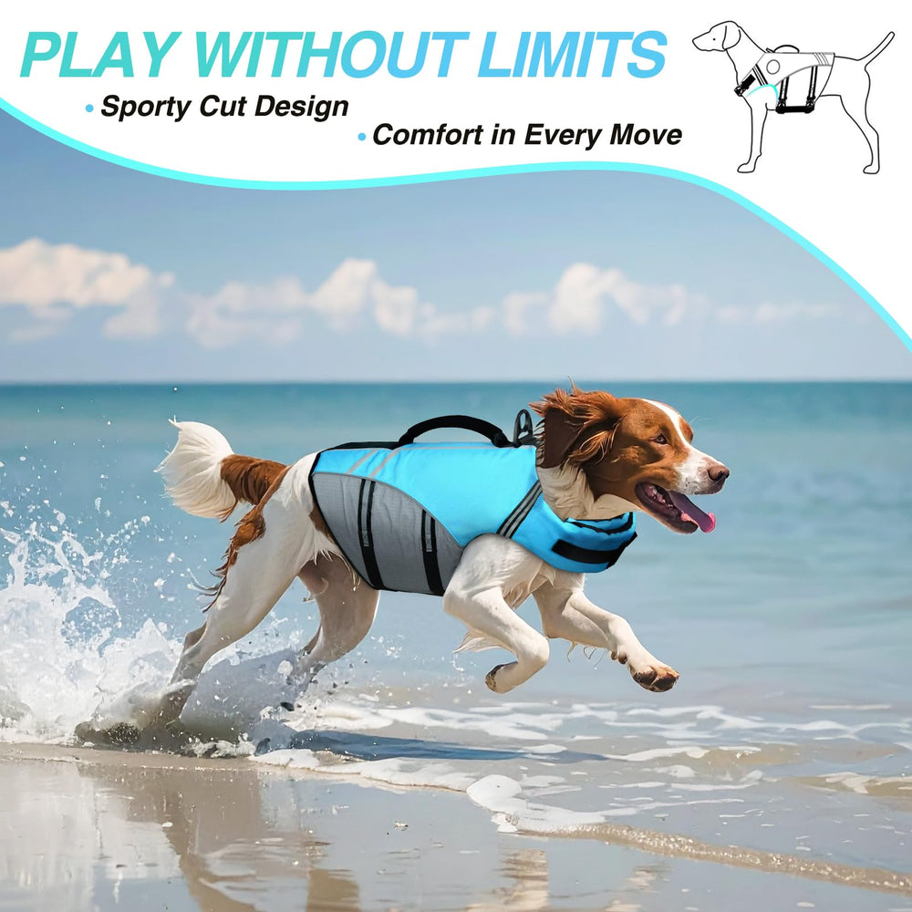 VIVAGLORY sports-style dog life vest side view allows unrestricted movement in water play.