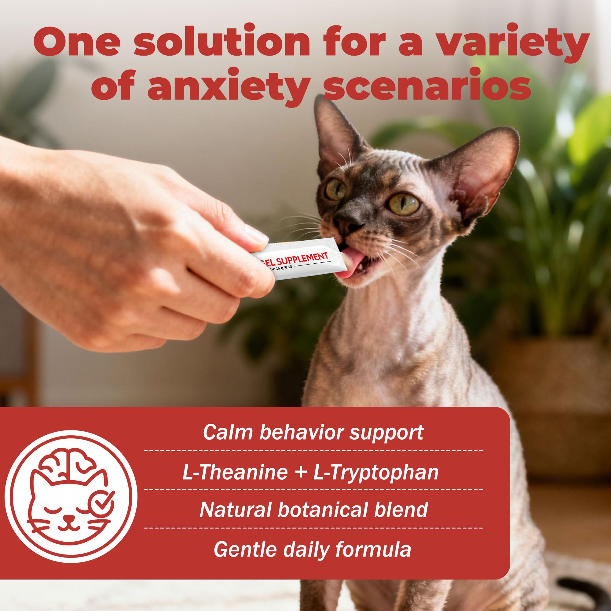 VivaElixir Cat Calming Treats bottle highlights natural ingredients for pets.