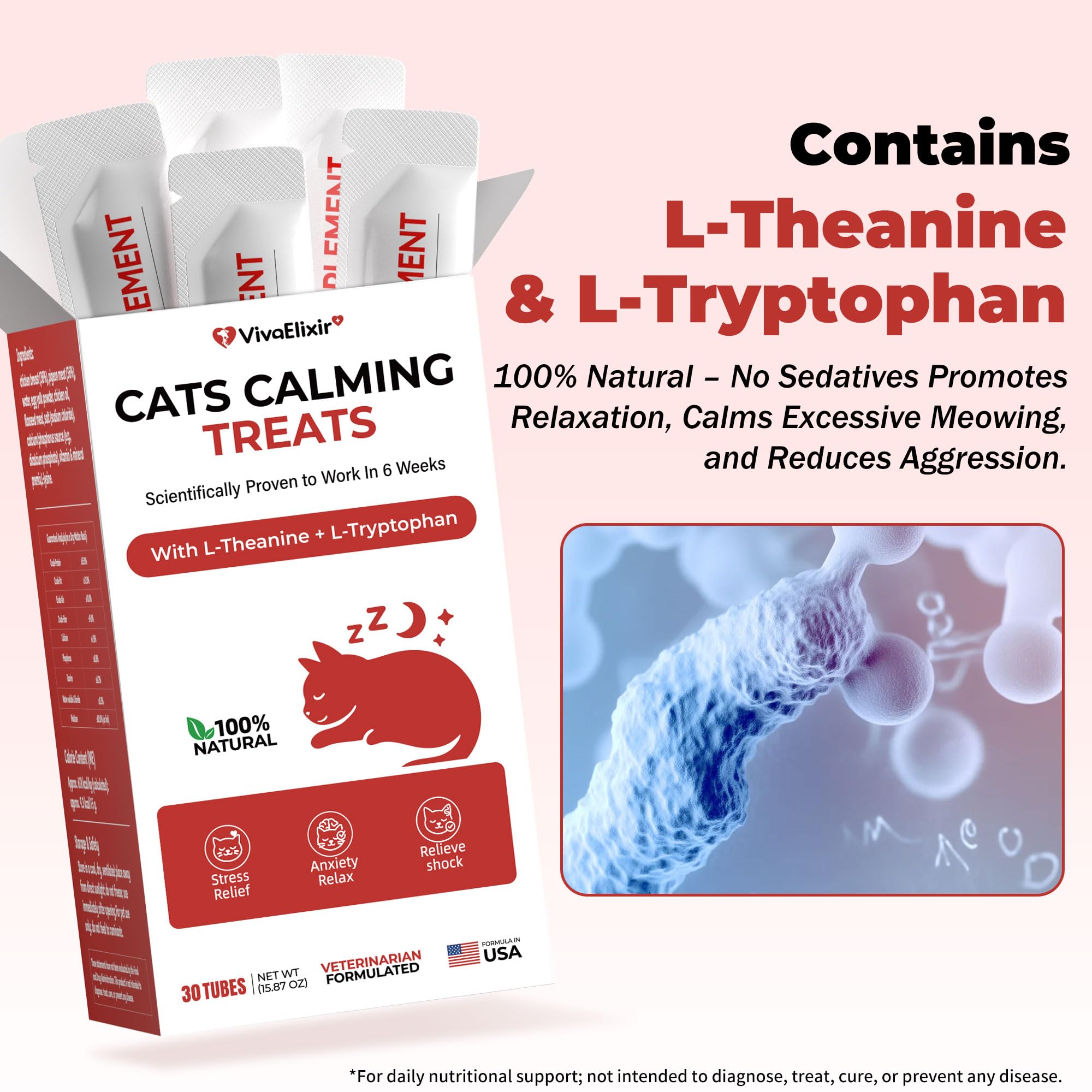 VivaElixir Cat Calming Treats packaging on shelf for convenient daily use.