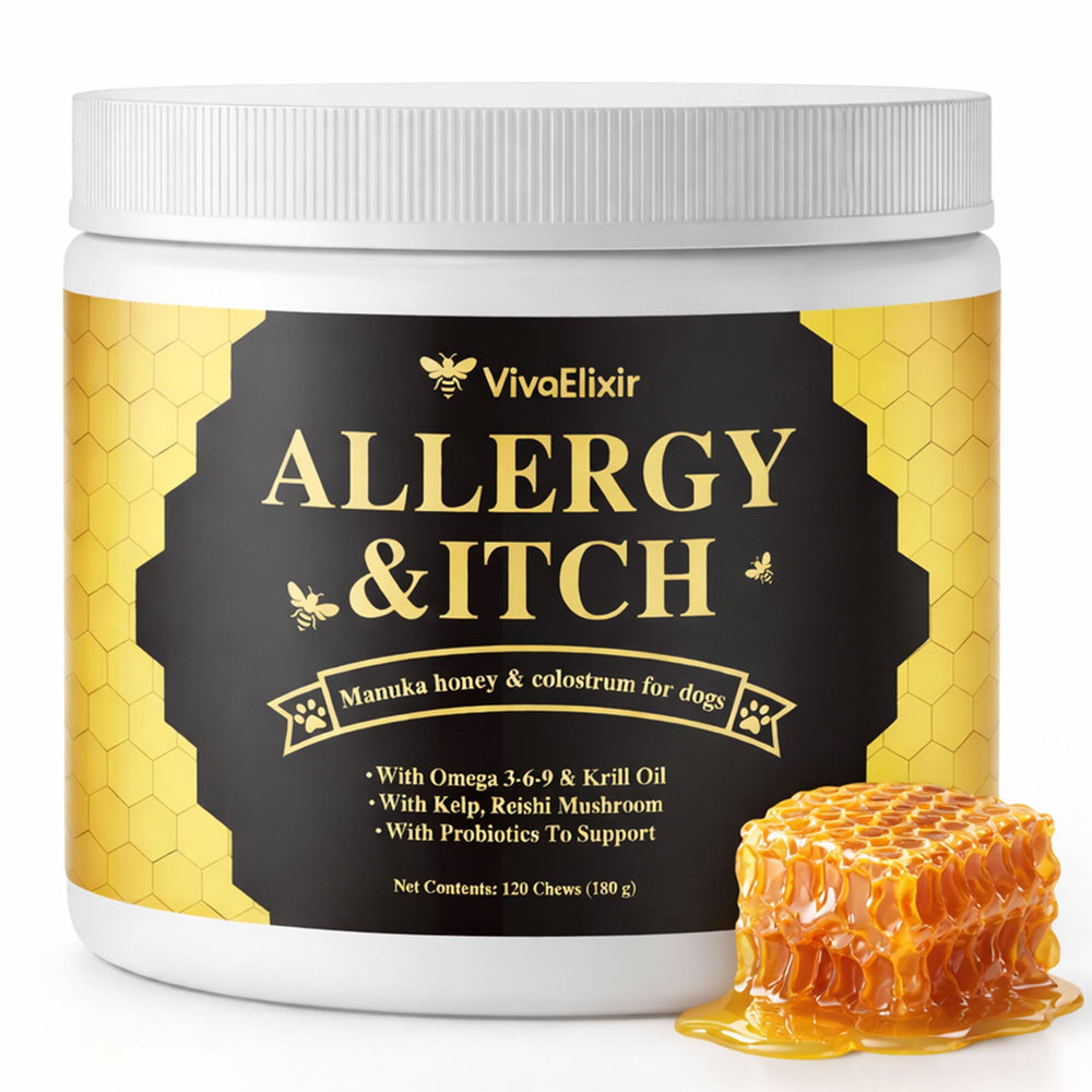 VivaElixir Manuka Honey for Dogs bottle label highlights natural ingredients for allergy support