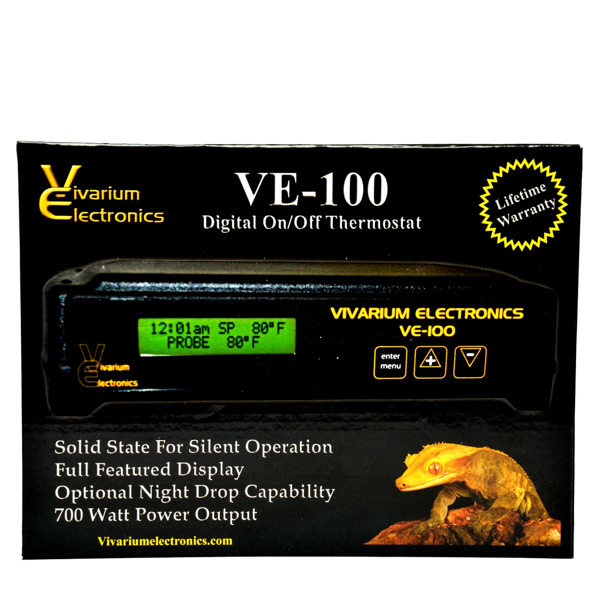 Vivarium Electronics VE-100 thermostat with a clear back-lit display for reliable on/off control.