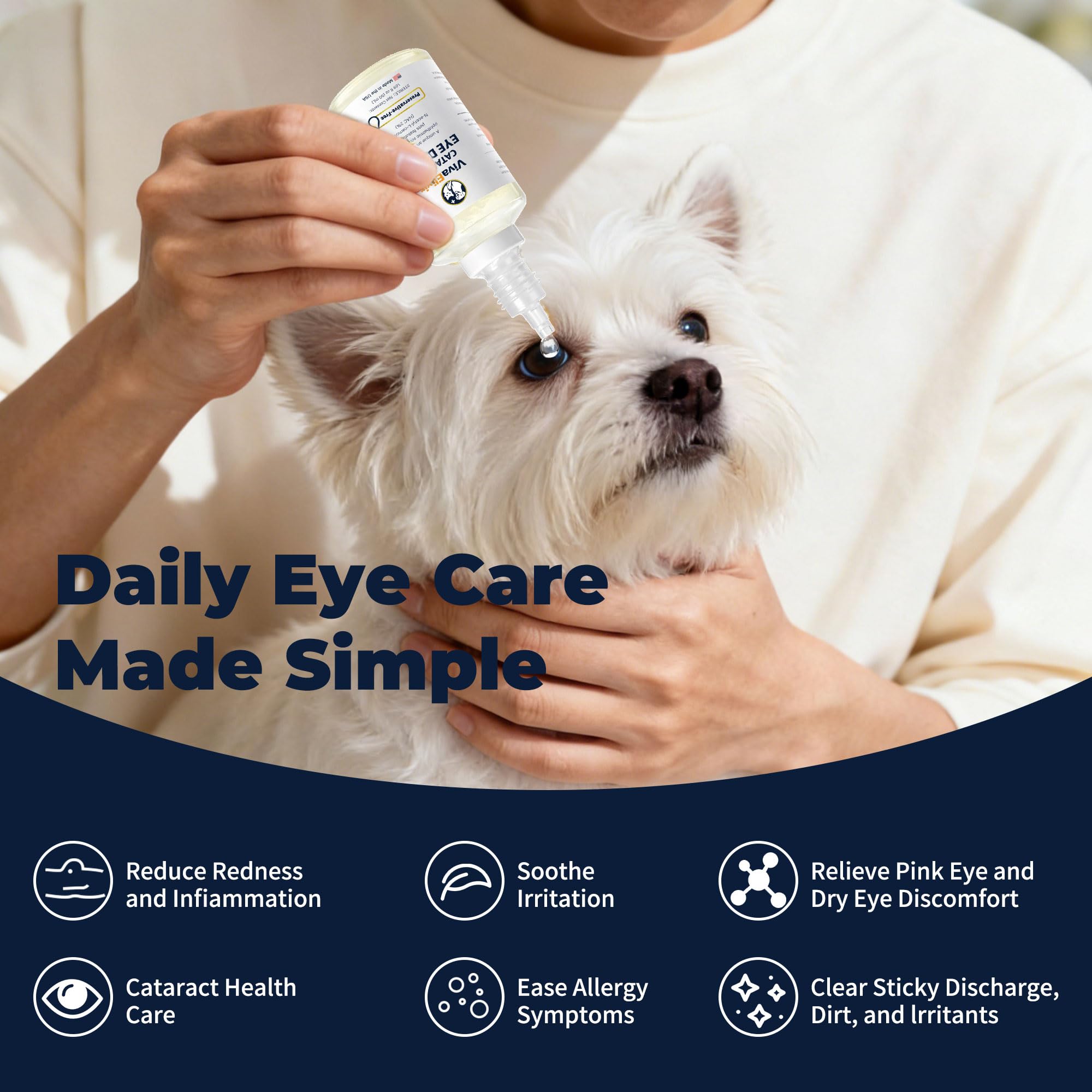 Demonstration of VivaElixir dog eye drops application with a gentle dropper.