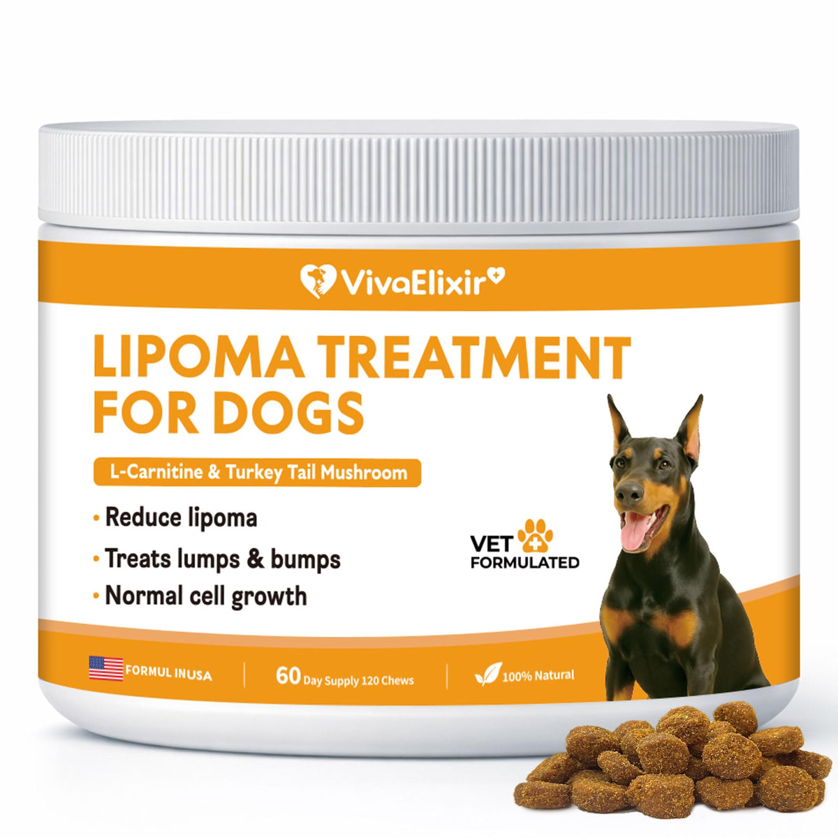 VivaElixir Lipoma Dog bottle shows a vet-formulated supplement for daily vitality.
