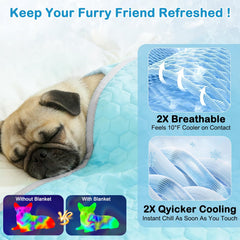 Vivifying cooling blanket features reversible plush back for cozy lounging after cooling.