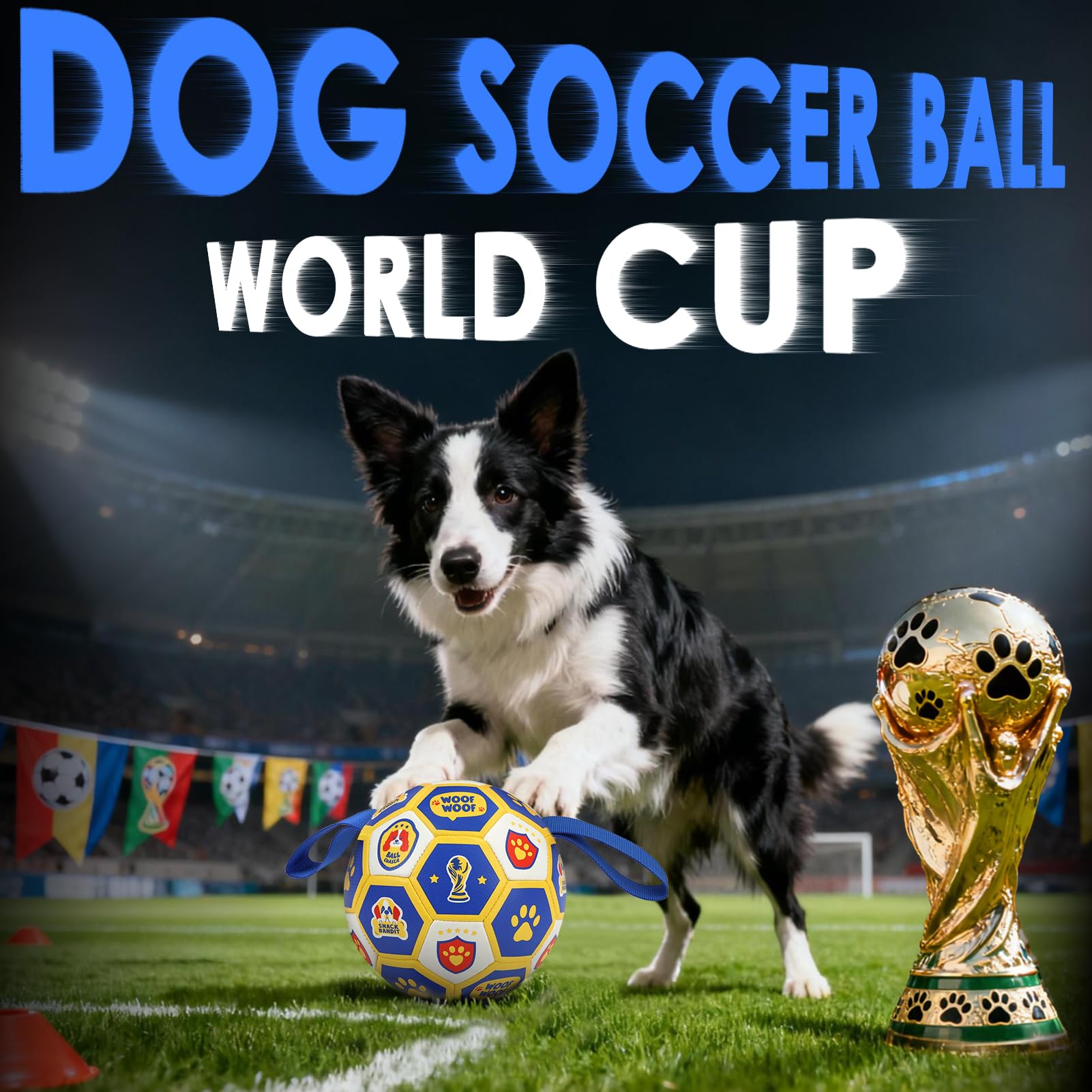 Dog playing with Vivifying World Cup ball toy during fetch.