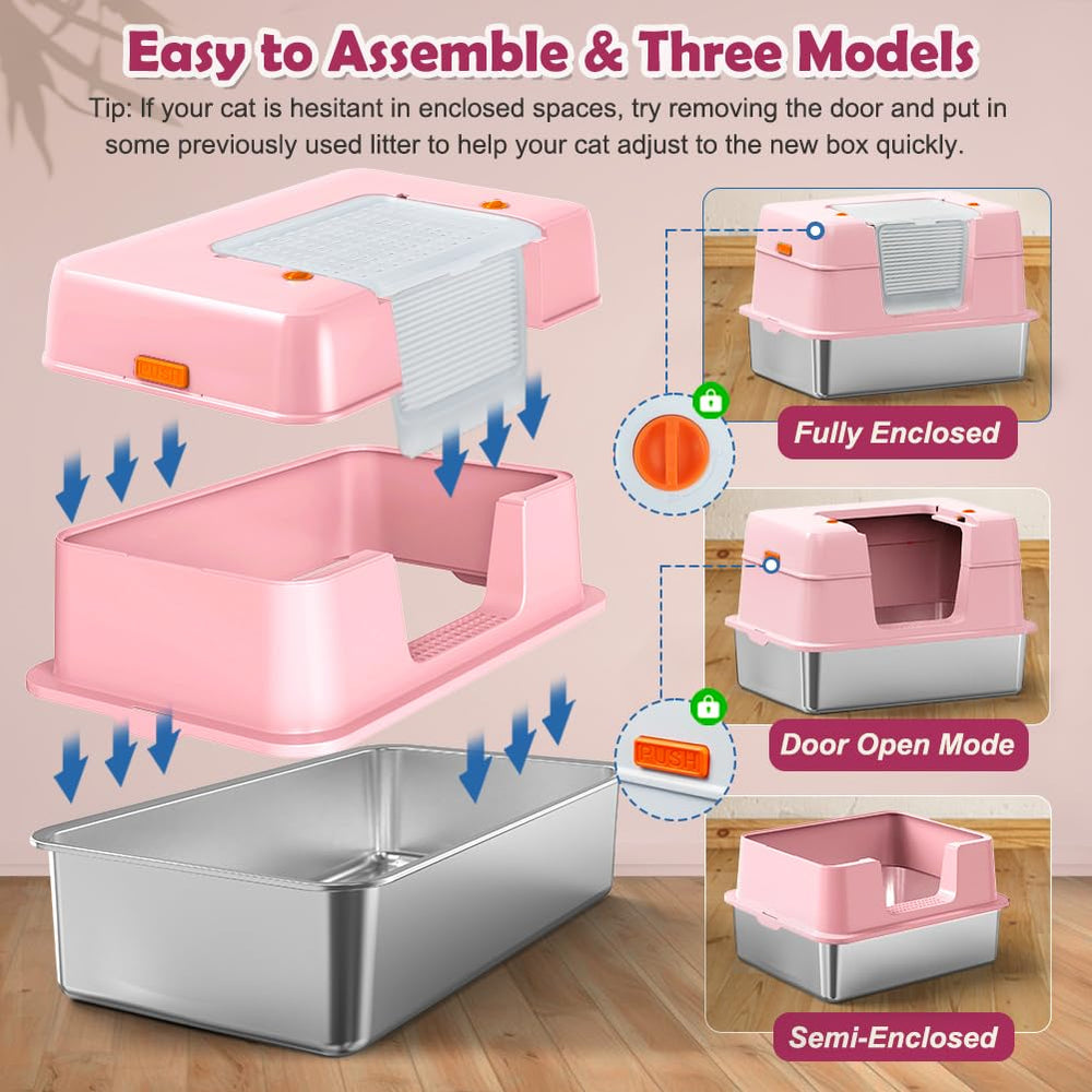 Vivifying enclosed cat litter box interior for privacy and containment.